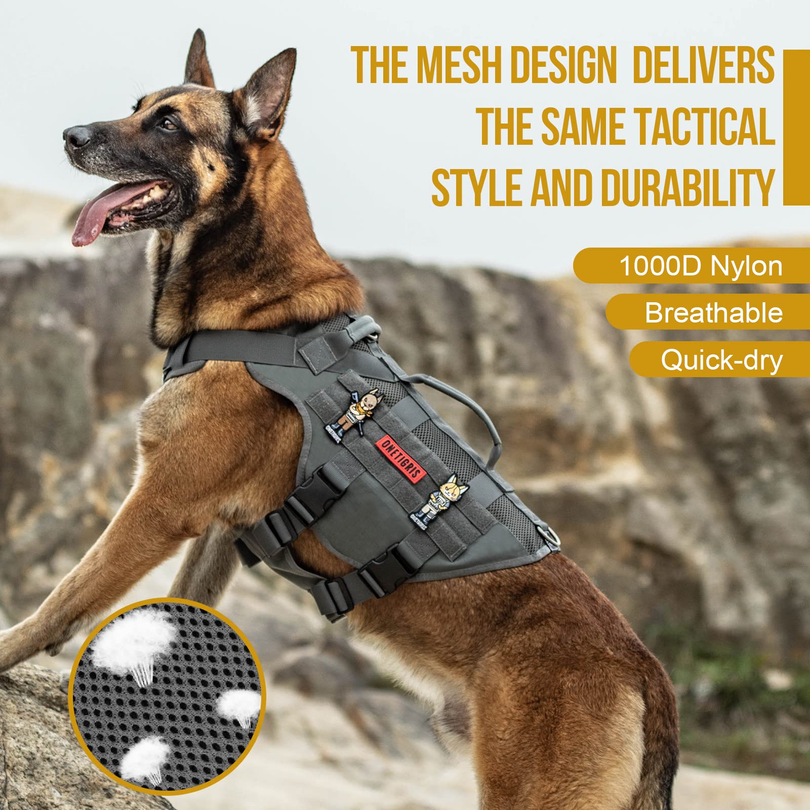 Onetigris Tactical No Pull Dog Harness For Large Dog, Mesh Design Dog Vest Harness Breathable Military Dog Molle Vests With Hand