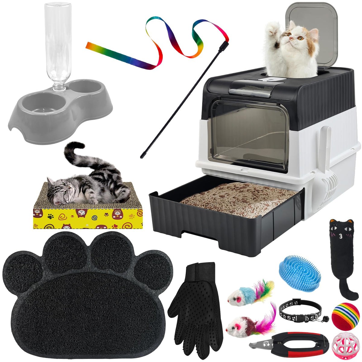 Kitten Starter Supplies Starter Kit - 15 Piece Cat Essentials Set Includes Litter Box, Toys, Collars, Scratch Pad, Nail File, Au