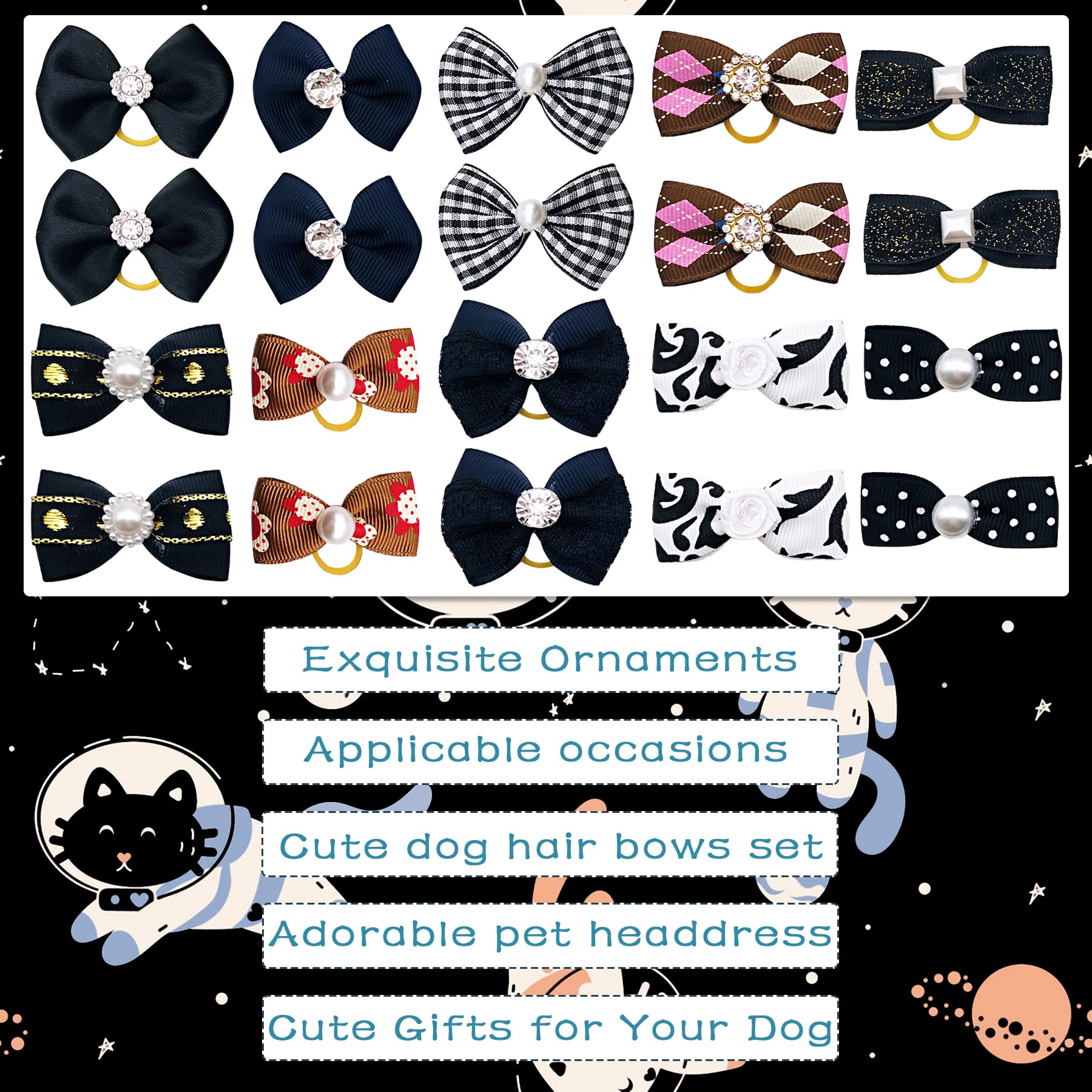 Jpgdn 30Pcs/15Pairs Black Dog Hair Bows With Rubber Bands Puppy Hair Bowknot Top Knot Elastic For Girl Female Doggy Cat Rabbit Poodle Pet Animal Grooming Accessories Attachment
