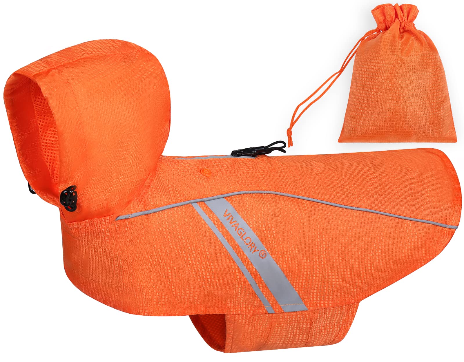 Vivaglory Dog Raincoat For Medium Dogs, Easy On & Off Pet Rain Clothes With Storage Bag, Reflective Lightweight Breathable Dogs Safety Vest Jackets For Adventures, Walking, Hunting, Orange