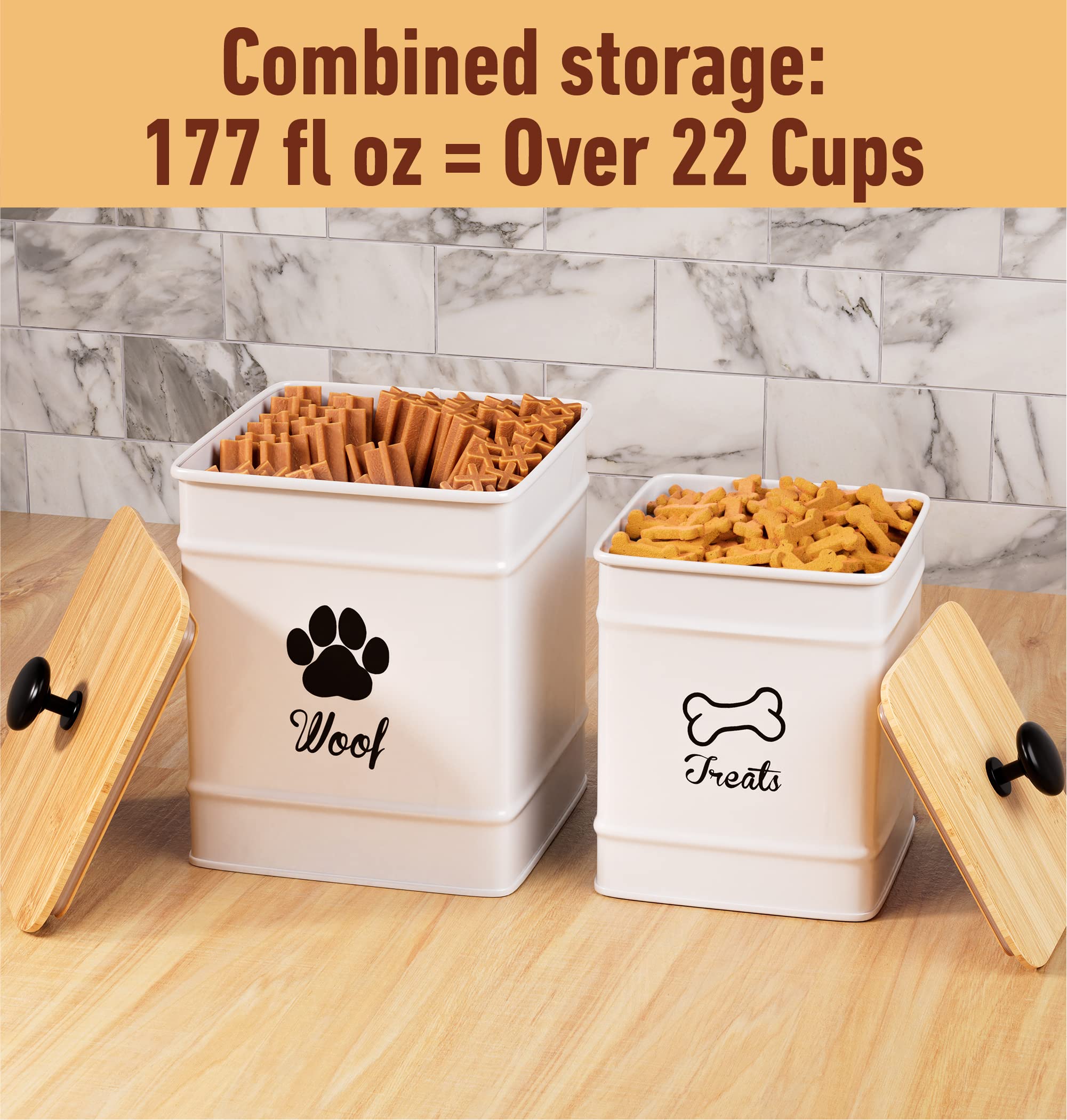 Dog Treat Container Airtight Set of 2 - 8x6 & 7x5 inch Iron Dog Treat Jars for Kitchen Counter with Airtight Bamboo Lids - 20 Cu
