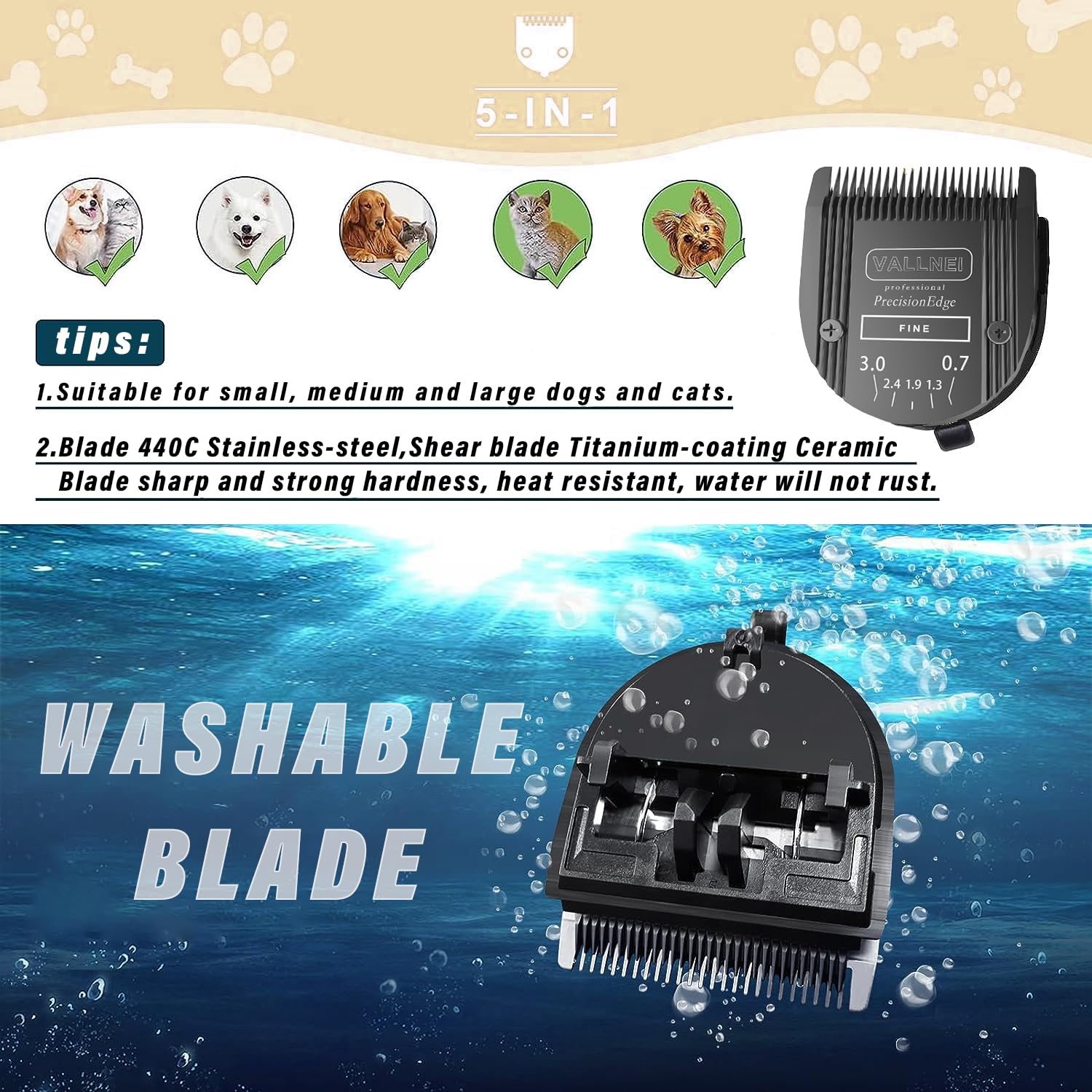 Detachable Adjustable Pet Dog Grooming Clipper 5-in-1 Blade Compatible with WAHL Professional Animal Blade Arco, Bravura, Chroma