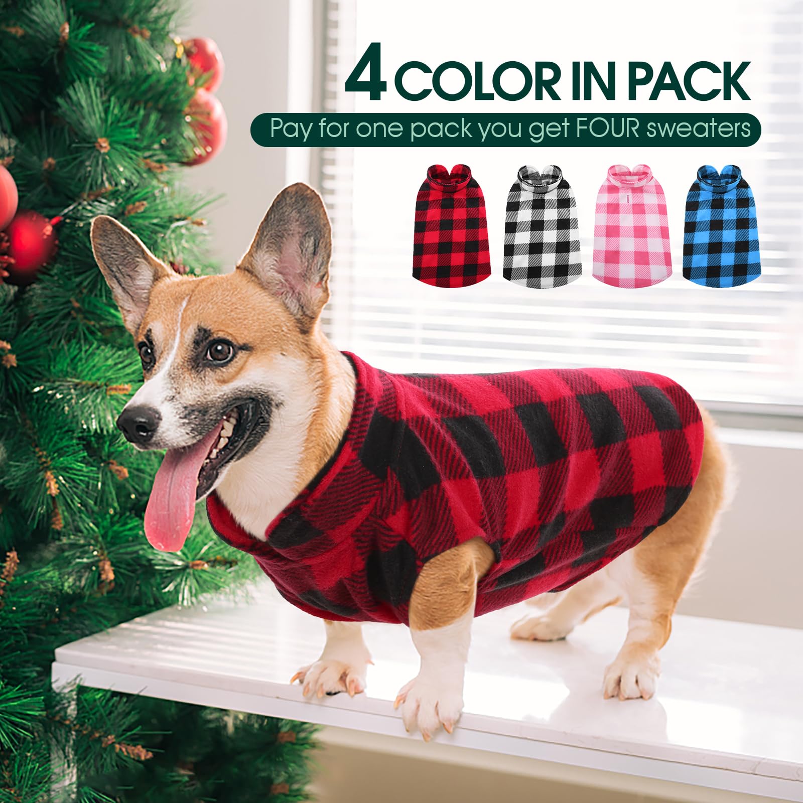 Kuoser 4 Pack Stretch Fleece Vest, Soft Classic Plaid Basic Dog Sweater & Cat Coat, Warm Dog Shirt Pullover Jacket For Small Pet