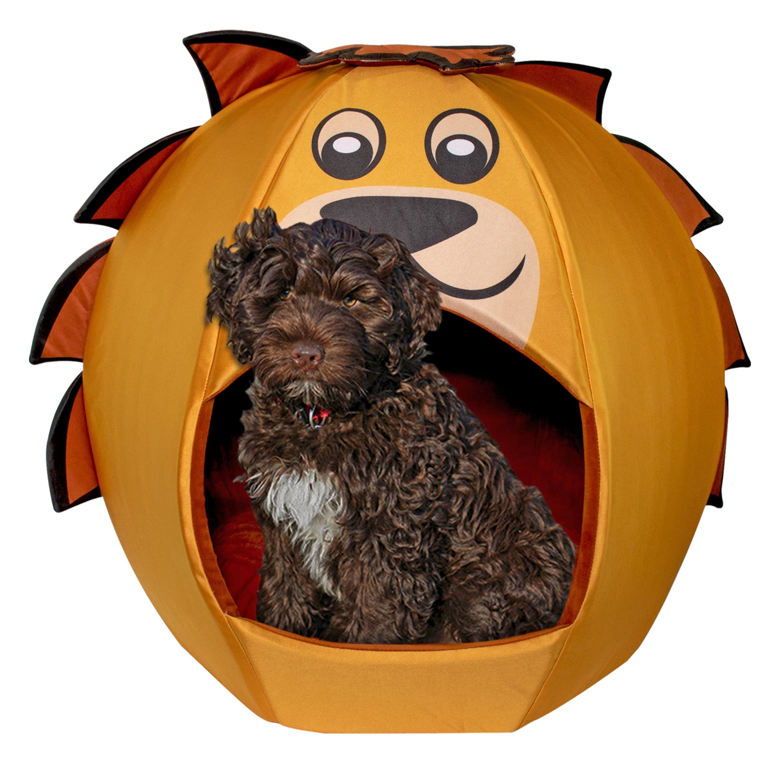 Maccabi Art Lion Theme Dog Bed - Cute Igloo Style Pet Bet - Fits Small Dogs, Puppies, Cats - Pillow Insert With Plush Lined Inte