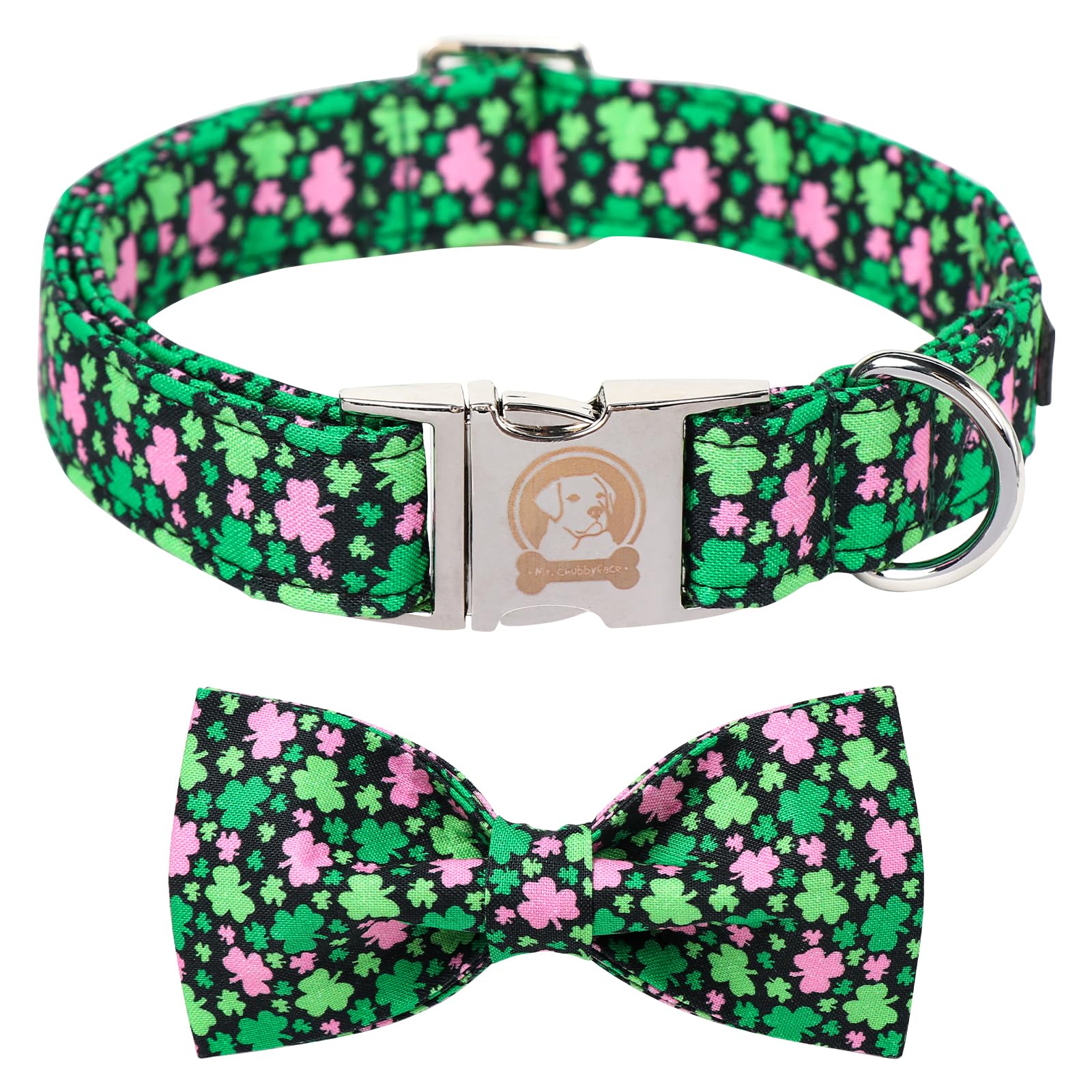 Mr. Chubbyface St.Patrick'S Pink Green Clover Dog Collar With Bowtie, Cute Clovers Shamrock Metal Buckle Dog Collar, Adjustable 