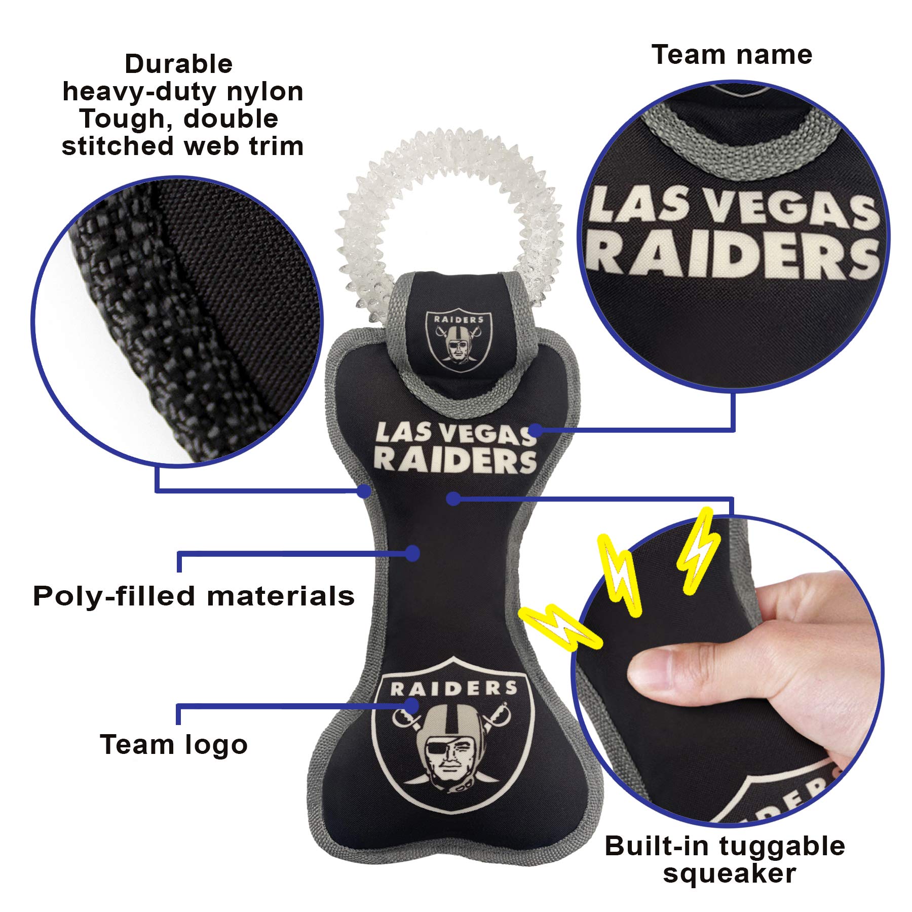 Pets First NFL Las Vegas Raiders Football Dental Tough Dog TUG Bone Toy with Built-in Squeaker Attached to a Safe Rubber Teethin