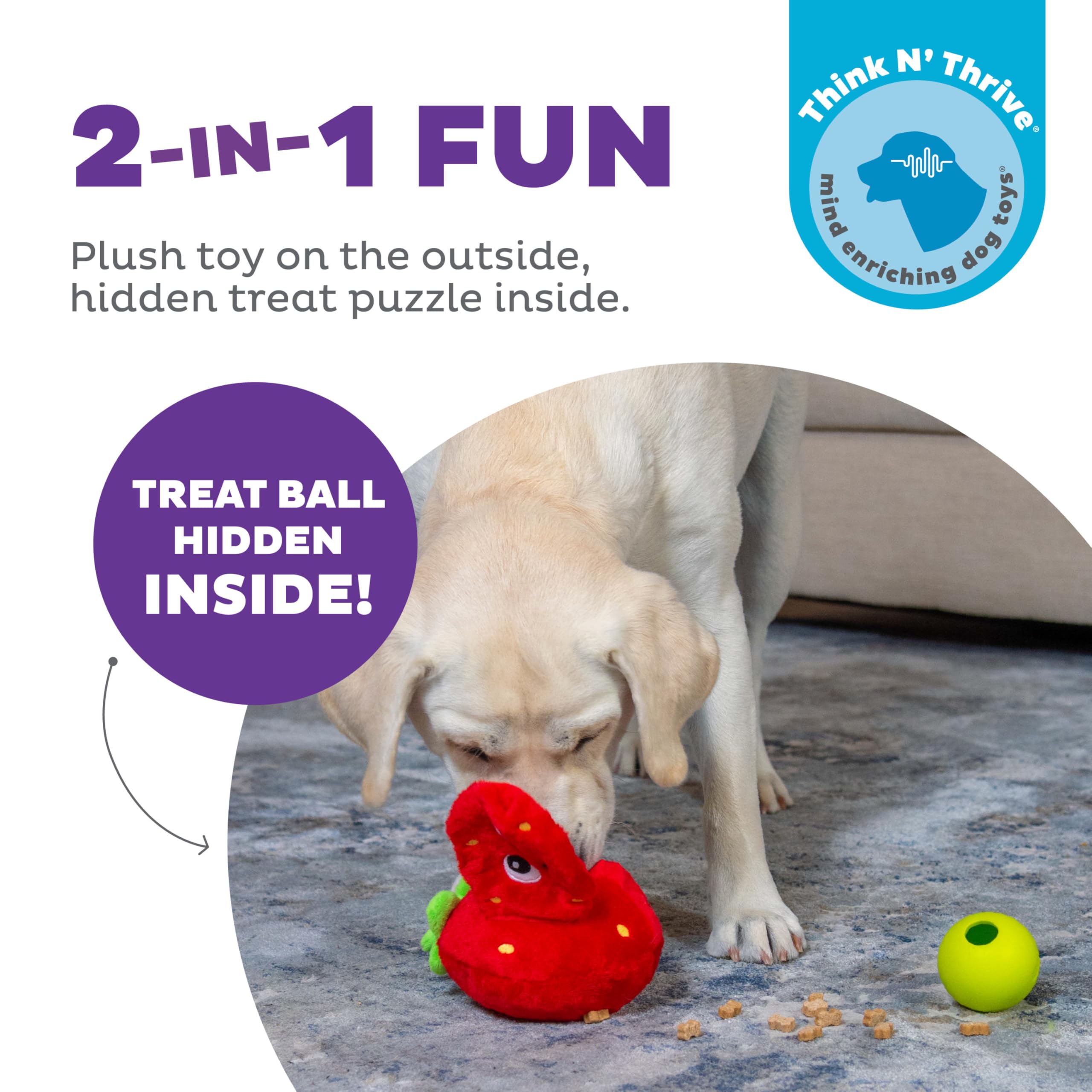 Outward Hound Fruity Findz Plush Dog Puzzle with Treat Ball - Interactive Enrichment Toy for Dogs, One-Size, Red