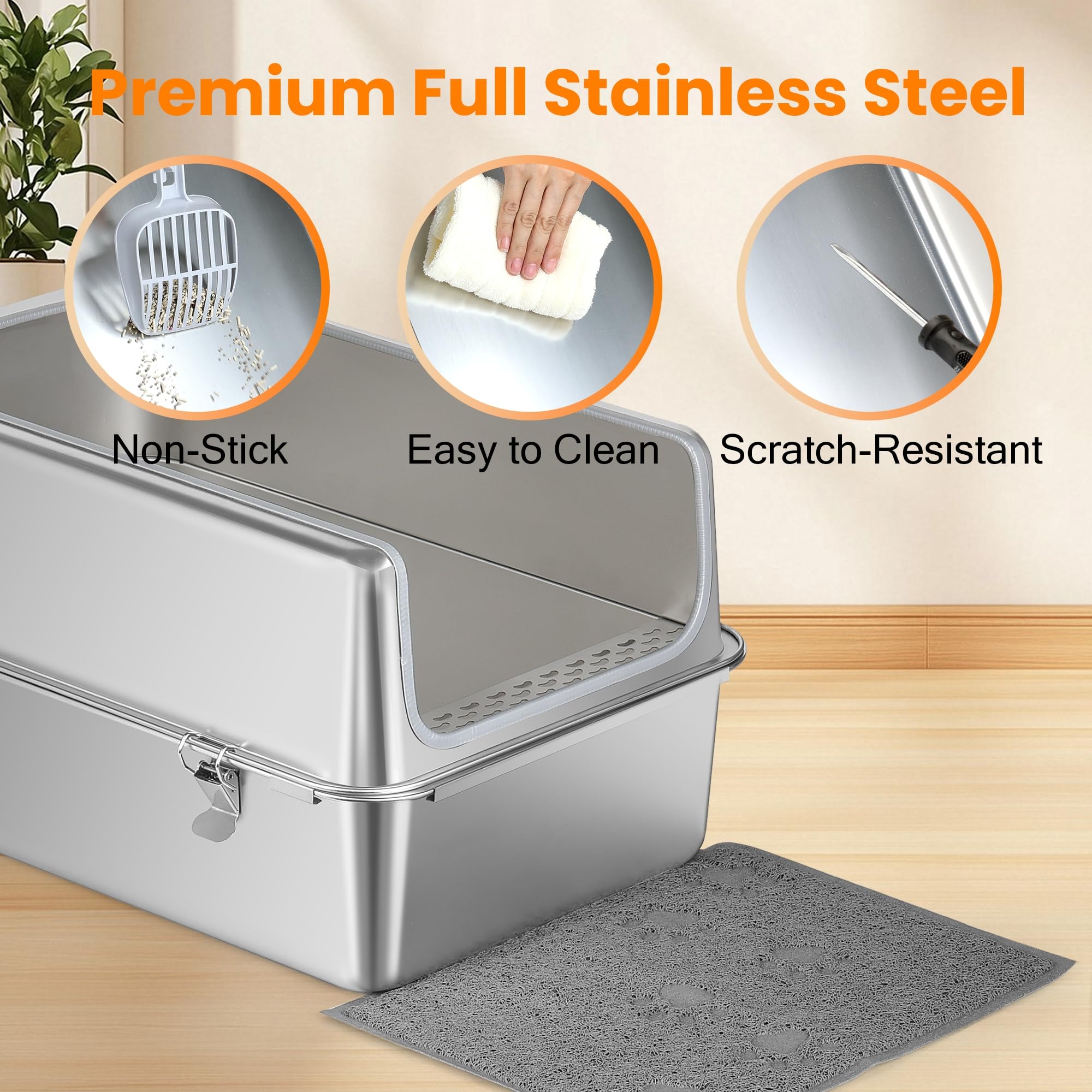Aothey Stainless Steel Litter Box With Metal Lid And Scoop - Enclosed Metal Litter Box For Large Cats, Rust-Resistant, Odor-Cont