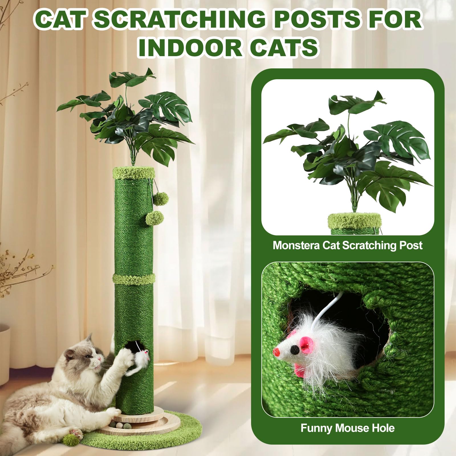 Oyx Scratching Posts For Indoor Cats, 42 Tall Monstera Cat Scratching Post, Bottom Mouse Hole And Interactive Ball Track, Top