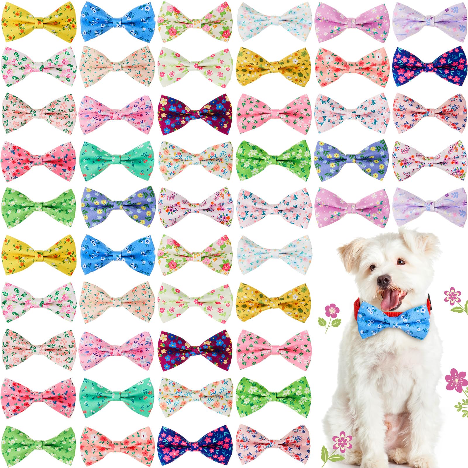 Hillban 50 Pieces Floral Collar Dog Bow Ties Flower Dog Collar Accessories Bow Ties Attachment With Elastic Bands Detachable Cha