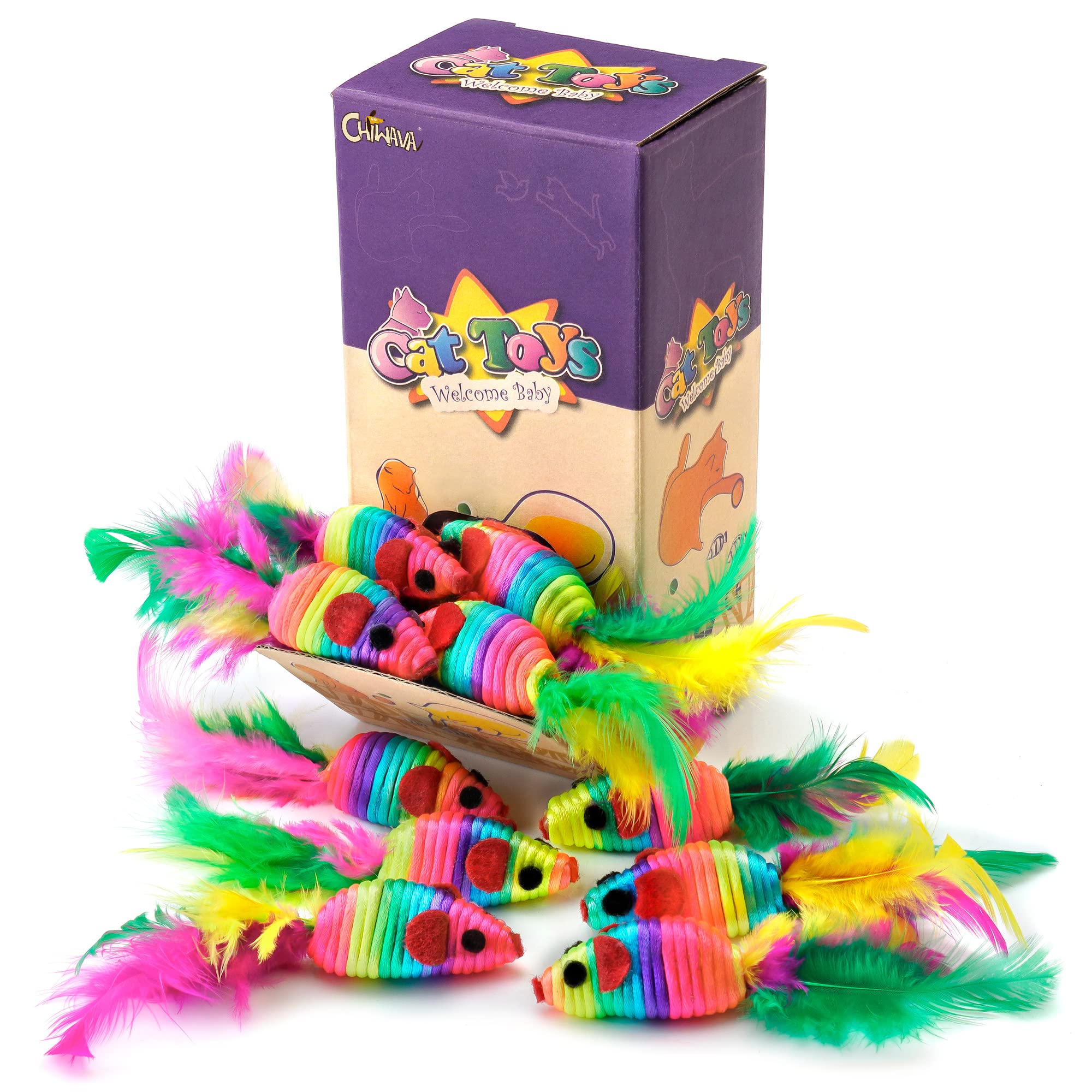 Chiwava 24Pcs 5'' Rattle Cat Toys Mice With Feathers Rainbow Rope Mouse Kitten Interactive Toy Assorted Color