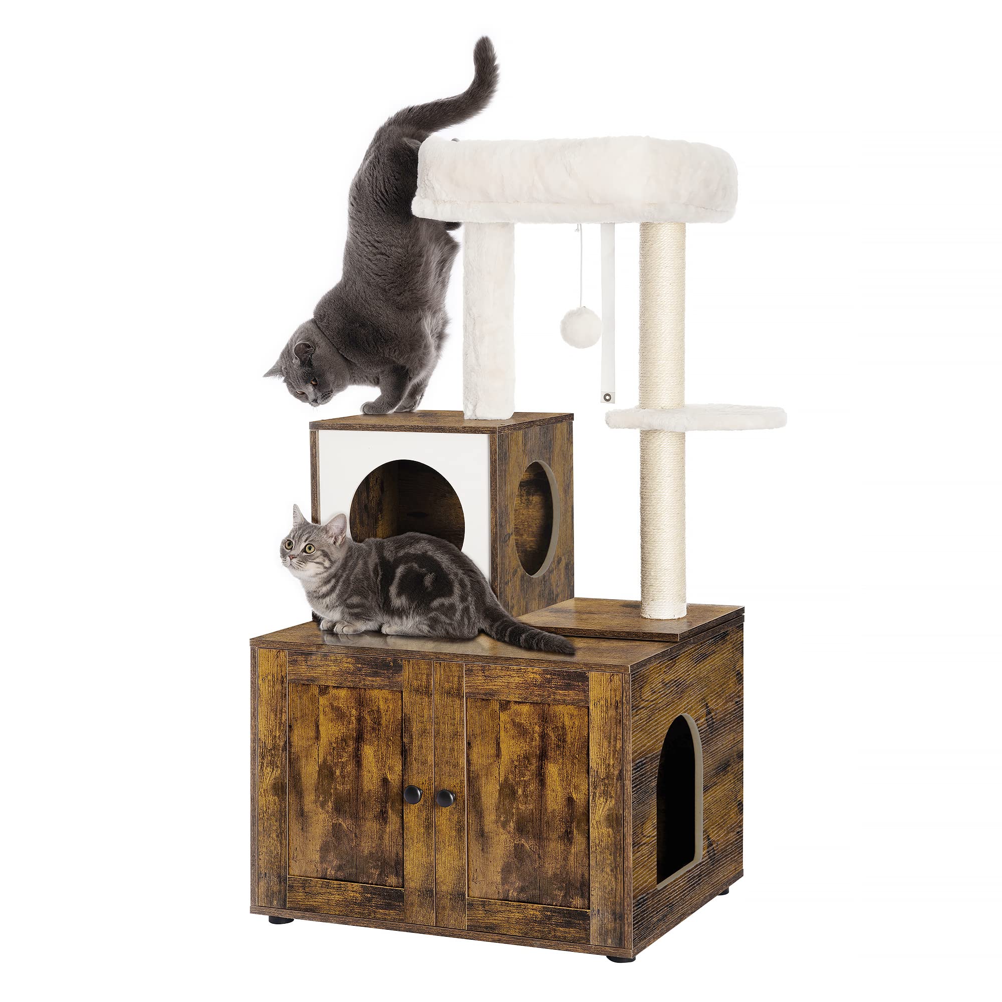 Fourfurpets Multipurpose Cat Litter Box Enclosure With Cat Tree And Condo, Side Table, With Large Platform, Cat House, Full Sisal Posts, Removable Washable Cushion, Rustic Brown