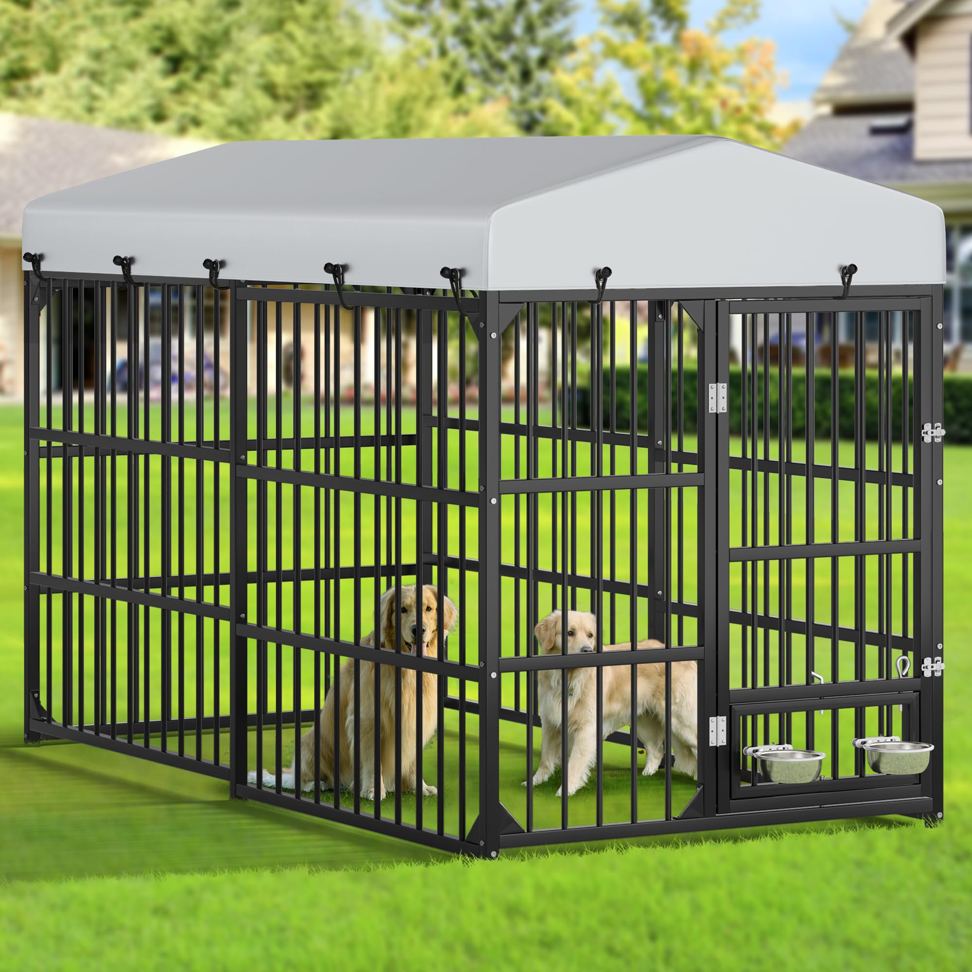DWVO Large Outdoor Dog Kennel with Rotating Feeder Bowls, 8L x 4W x 5.4H Dog Kennel Outside with Roof, Heavy Duty Dog Cage wi
