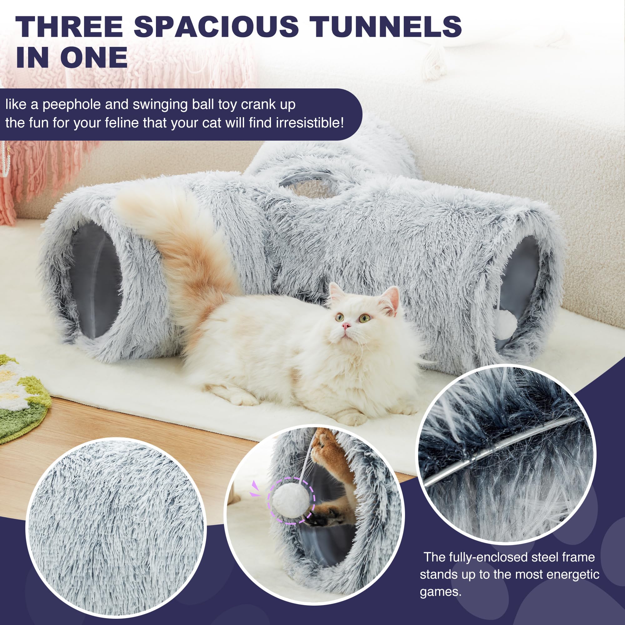 Tempcore Plush Pet Cat Tunnel Tube Cat Toys 3 Way Collapsible, Cat Tunnels For Indoor Cats,Kitty Tunnel Bored Cat Pet Toys Peek Hole Toy Ball Cat, Puppy, Kitty, Kitten, Rabbit Light Grey
