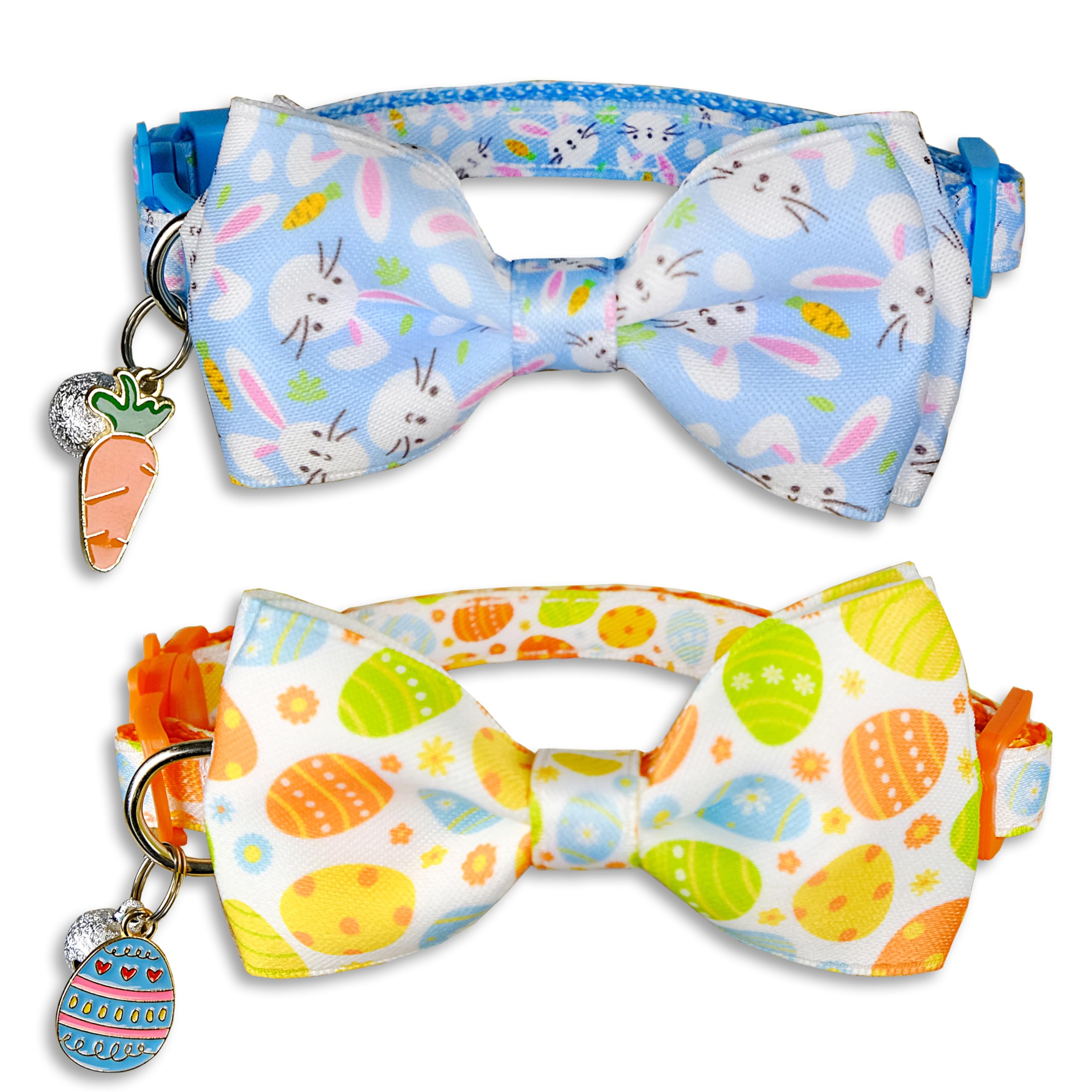Easter Cat Collar With Bow Tie 2Pack Adjustable Breakaway Safety Collars, Bunny And Easter Egg Patterns, Soft Nylon For Small & 