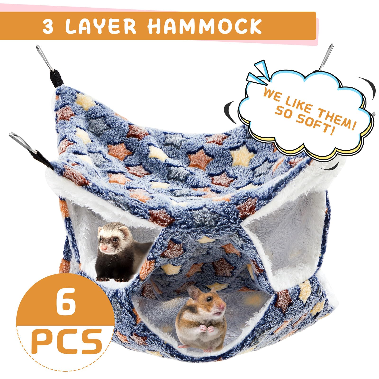 Sadnyy 6 Pieces Guinea Pig Rat Hammock Three Layer Ferret Bed Small Animal Hanging Pet Cage Hammock For Chinchilla Rat Sugar Gli