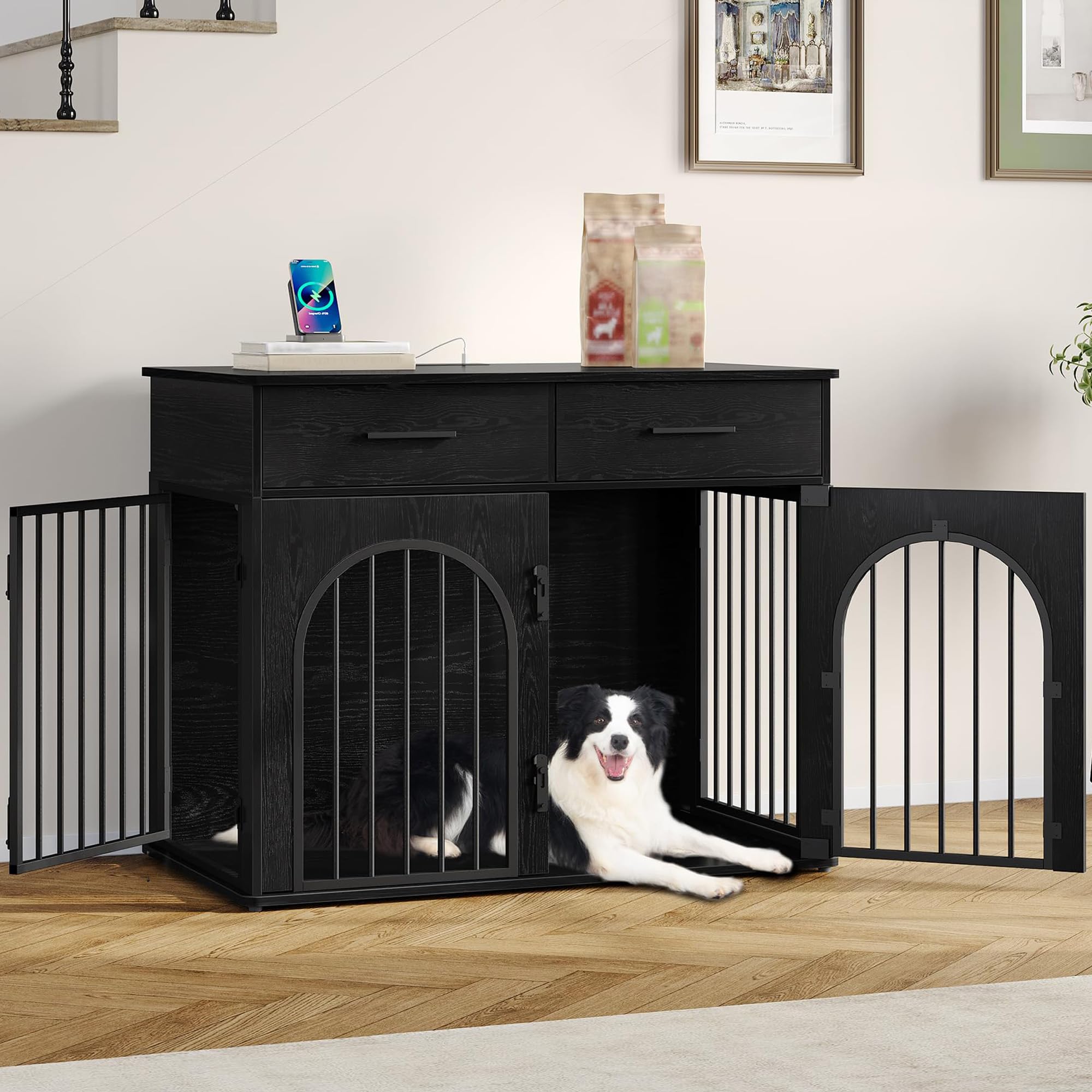 Hzuaneri 43.3 Large Dog Crate Furniture with 2 Storage Drawers, Heavy Duty Dog Kennel Indoor with Charging Station, Wooden Dog