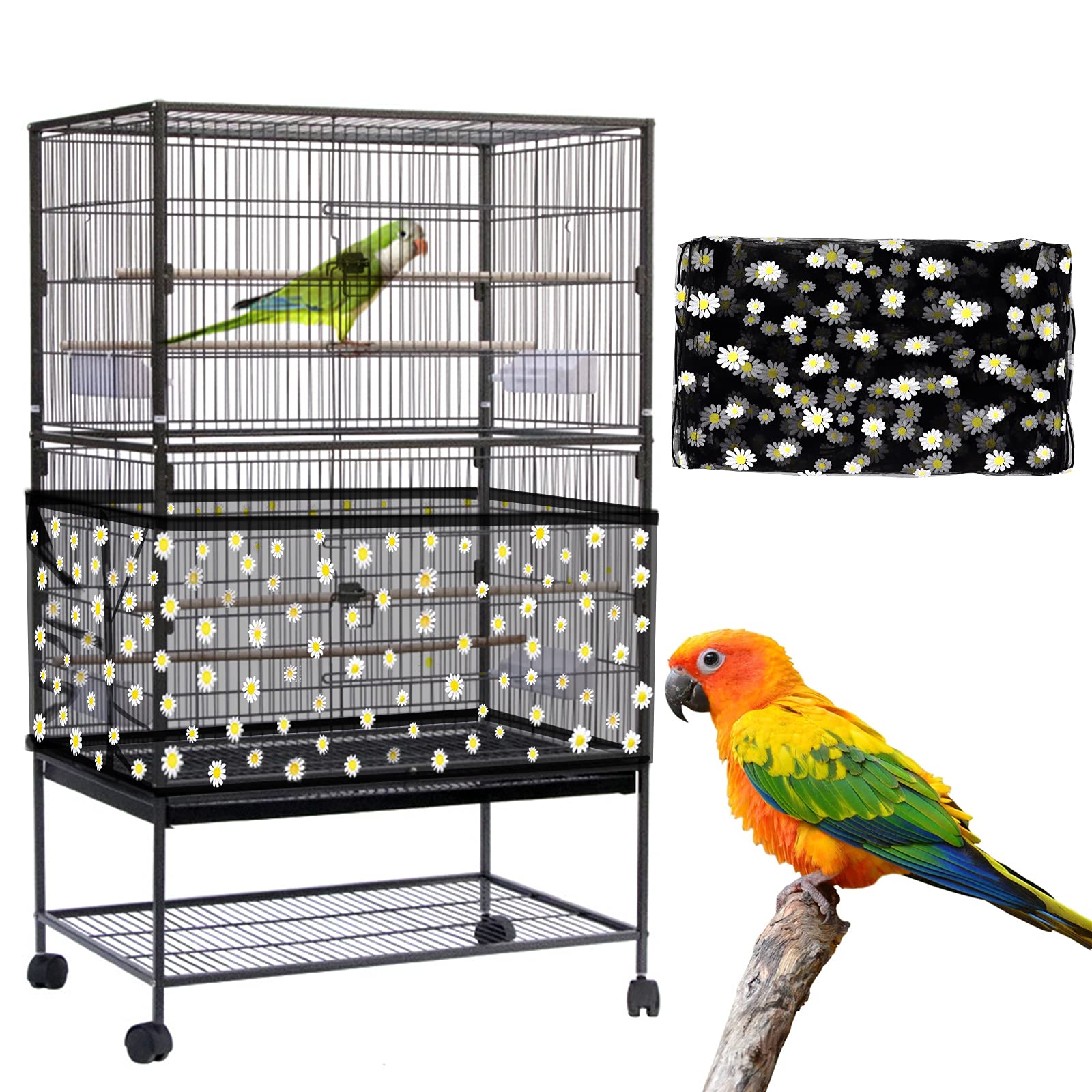 Daoeny Large Bird Cage Cover, Bird Cage Seed Catcher, Adjustable Soft Nylon Mesh Net With Daisy Pattern, Birdcage Cover Skirt Seed Guard For Parrot Parakeet Macaw Round Square Cages (Black)