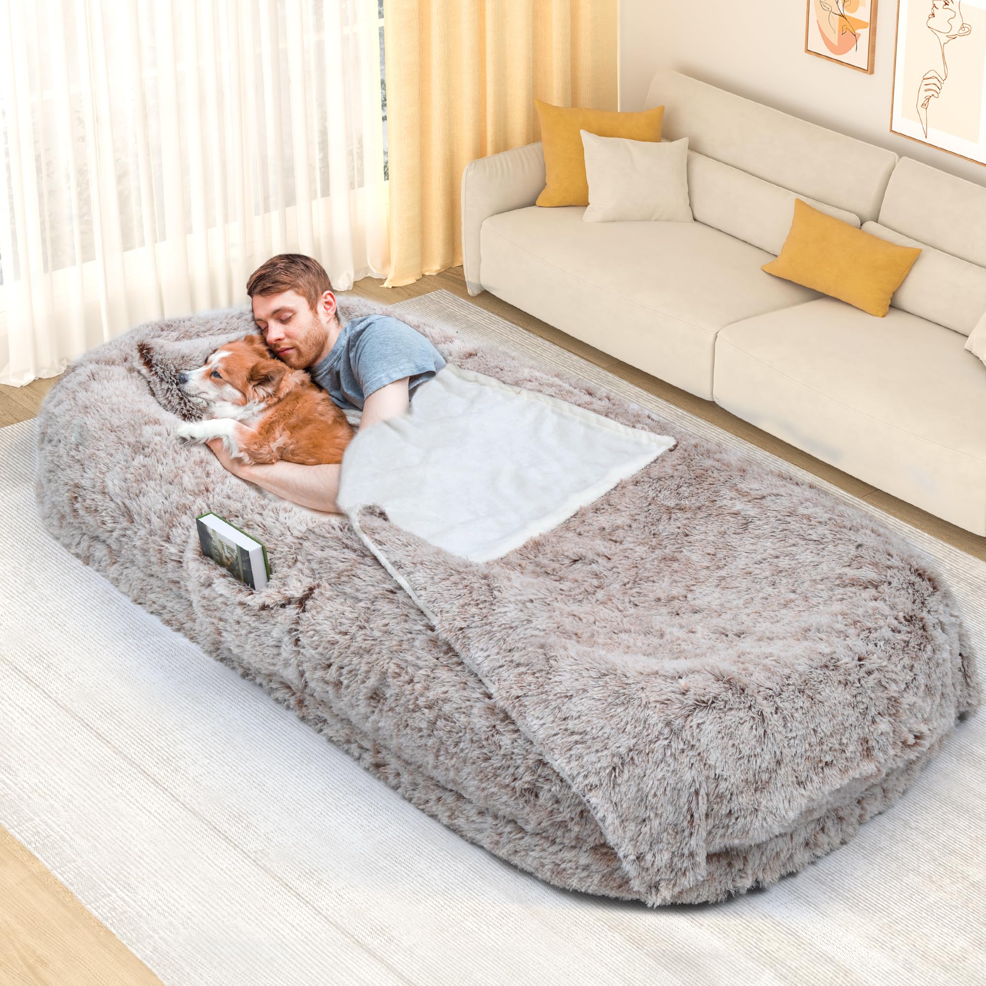 Yitahome Human Dog Bed, 79''X43'' Extra Large Memory Foam Dog Beds For Adults And Pets With Blanket And Pillow, Washable Fur Cov