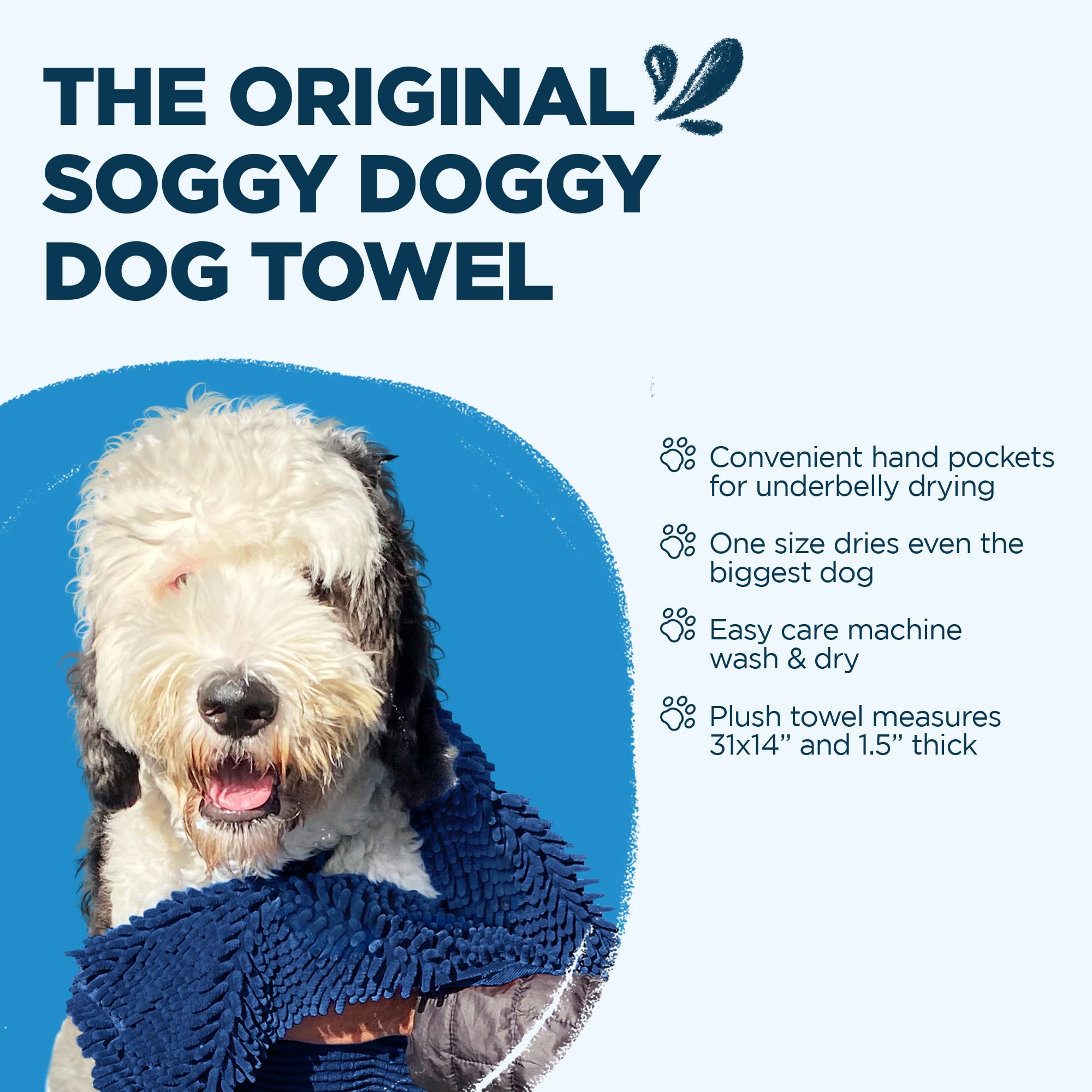 Soggy Doggy Super Shammy Dog Towel, Washable Microfiber Drying Dogs And Cleaning Paws, Fast-Drying Puppy Bath Towel With Hand Pockets, Navy Blue(31X14X0.01 Inches)