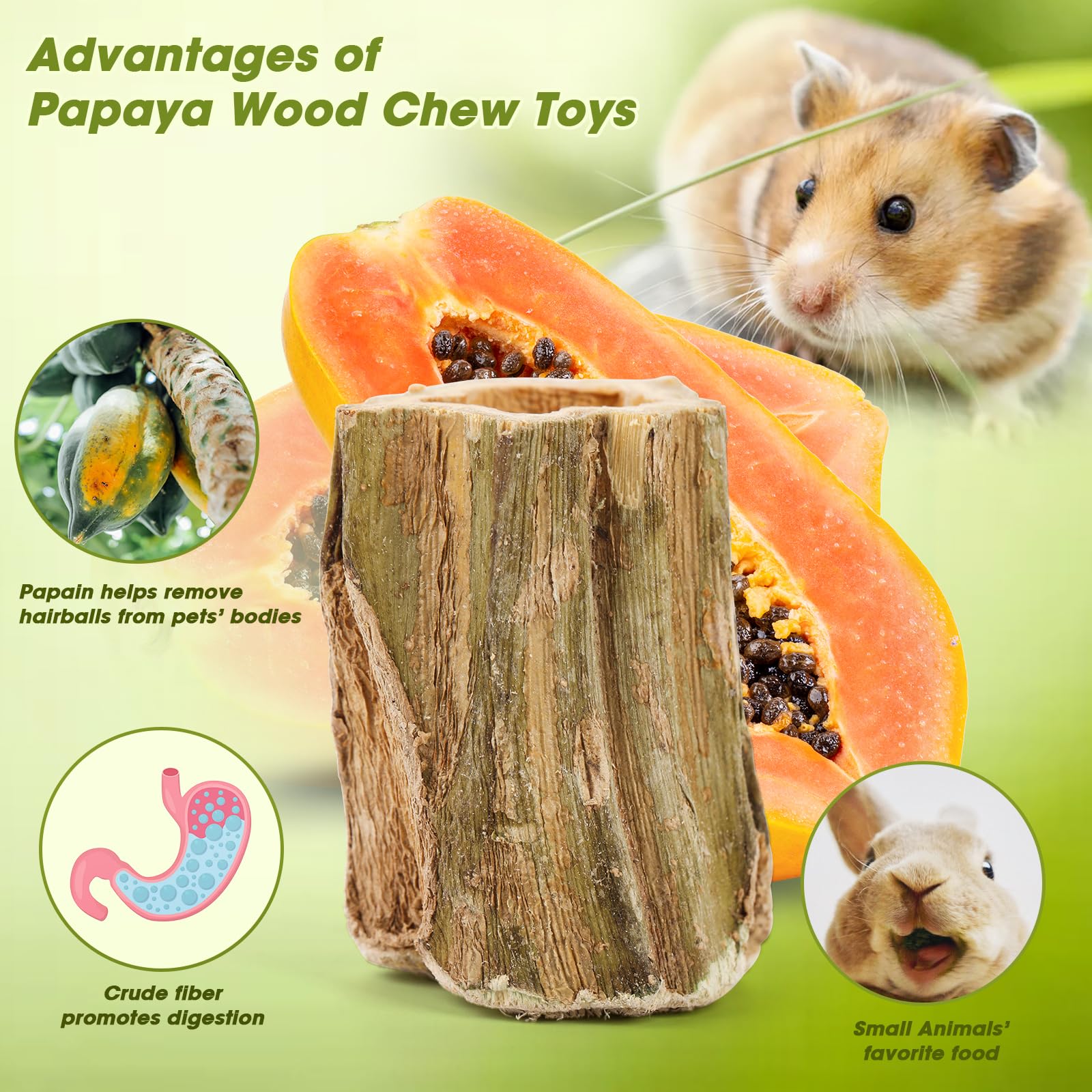Abizoo Natural Bunny Chew Toys,6 Pcs Organic Papaya Wood Sticks Chew Toys for Rabbit,Hamster,Guinea Pig,Chinchilla,Gerbil,Rat He