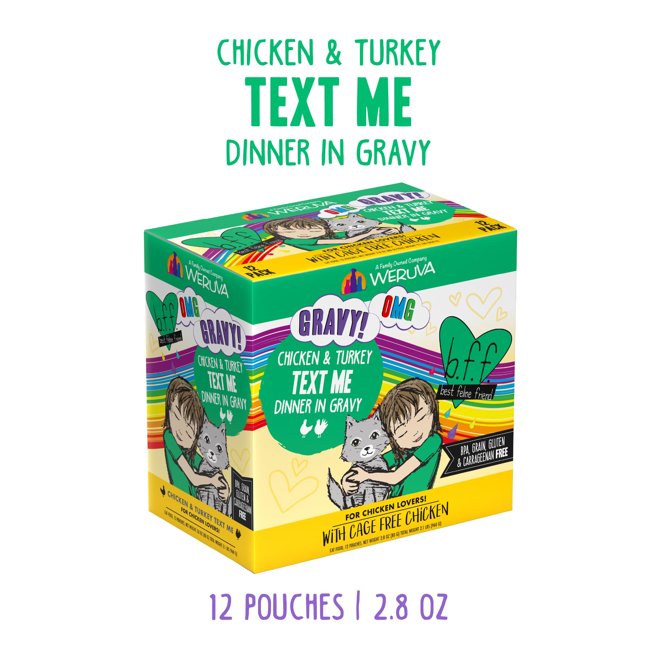 Weruva B.F.F. OMG - Best Feline Friend Oh My Gravy!, Chicken & Turkey Text Me with Chicken & Turkey in Gravy, 2.8oz Pouch (Pack