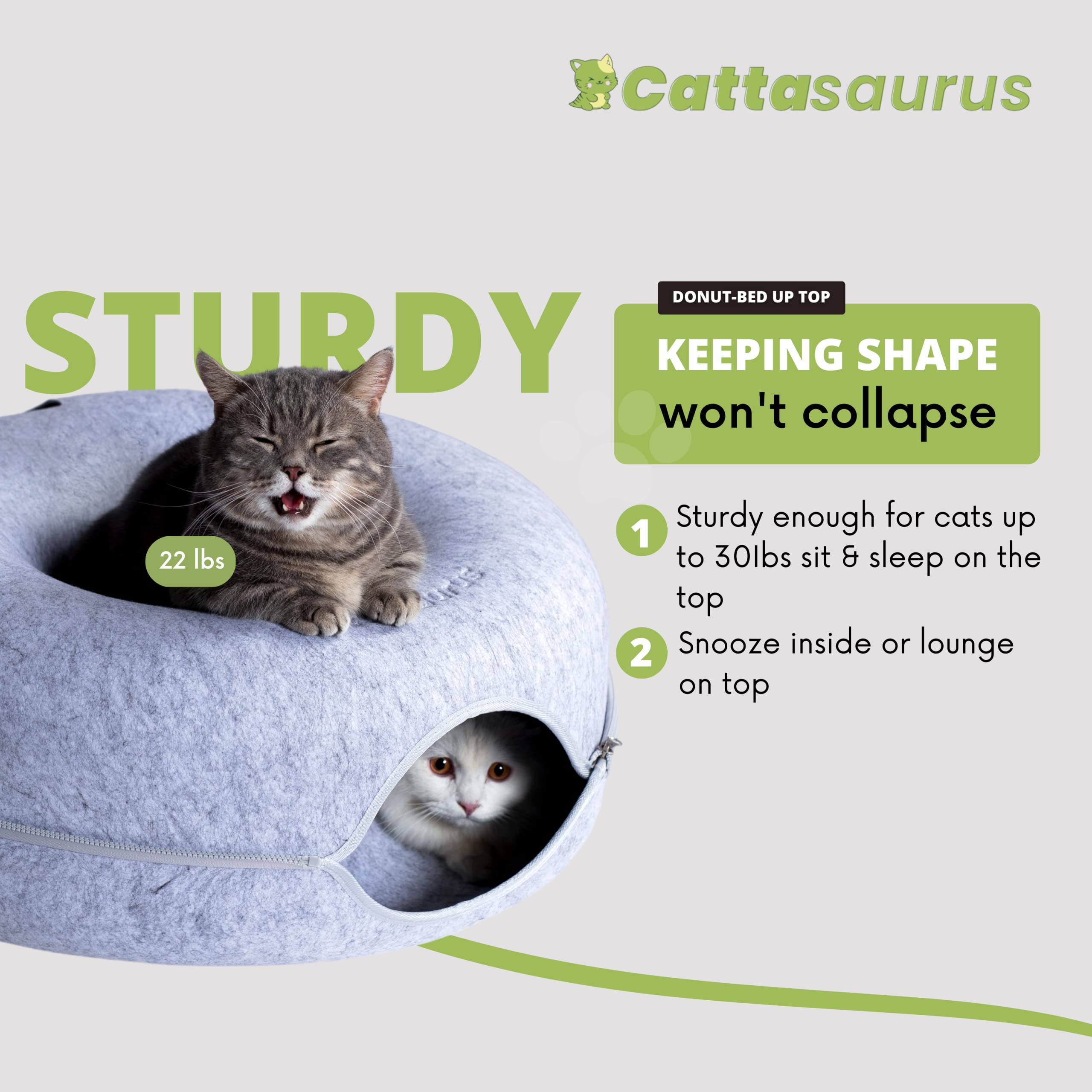 Cattasaurus Peekaboo Cat Cave For Multiple & Large Cats Up To 30-45 Lbs, Scratch Detachable & Washable Tunnel Bed, Comfy Donut Cat Cave (Light Gray, Large)