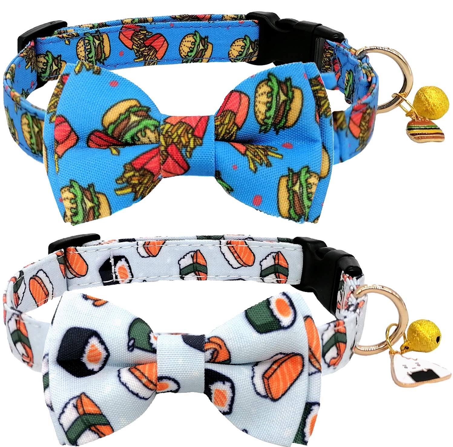 Kudes 2 Pack Print Dog Collars With Bow Tie, Adjustable Dog Collar With Bells And Charm Safety Buckle Cute Pet Collars For Small/Medium/Large Dogs And Cats Boys Girls (Hamburger+Sushi, S(10'-14'))