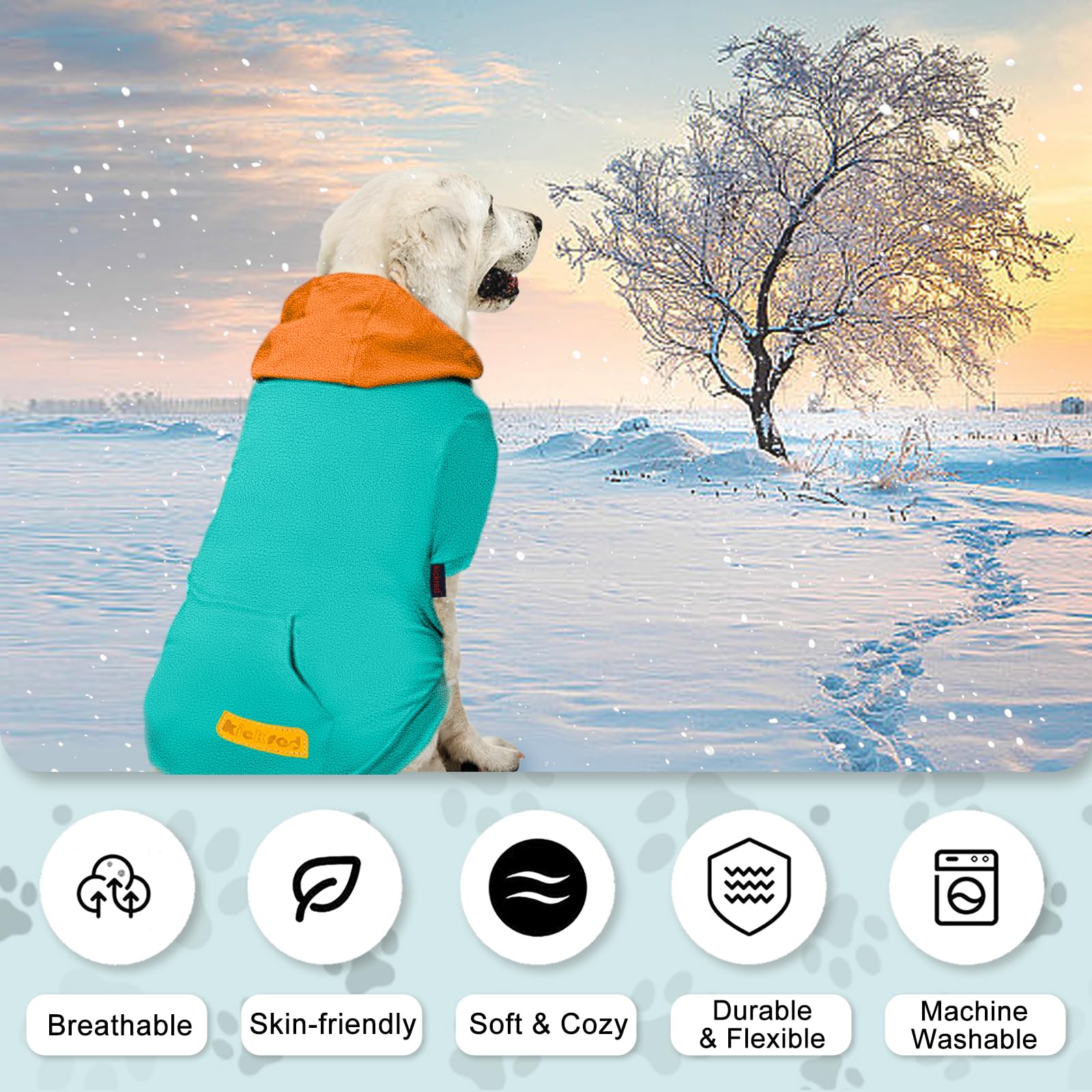 Kickred Dog Hoodie, Warm Velvet Sweatshirt for Medium Dogs, Green & Orange Color Blocking, with Hat and Leash Hole