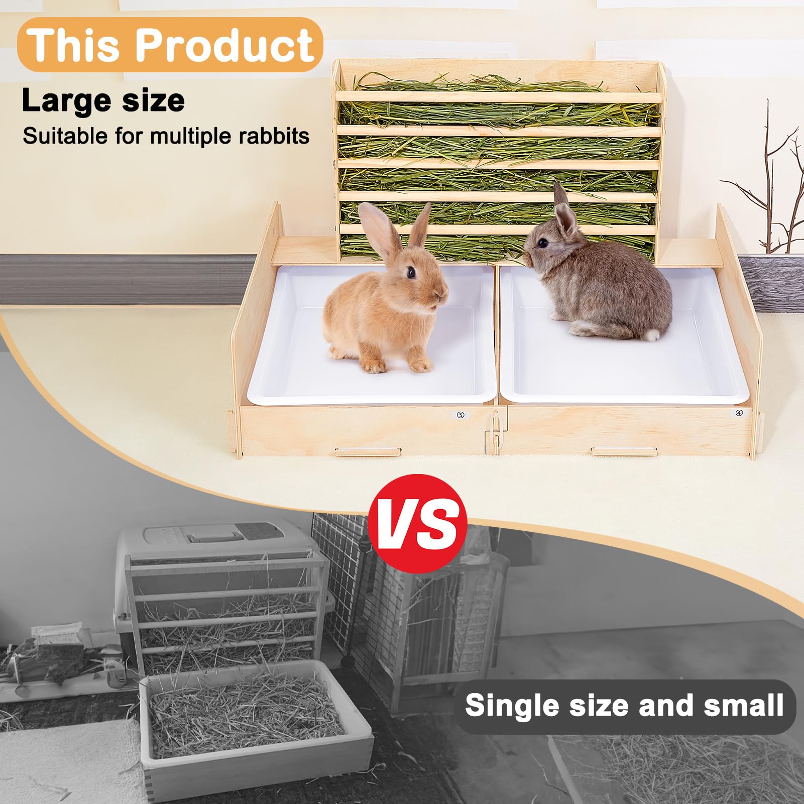 Glittme 2 In 1 Rabbit Litter Box With Hay Feeder Wood Mess Proof Bunny Litter Box With 2 Basins For Dwarf Rabbit, Bunny