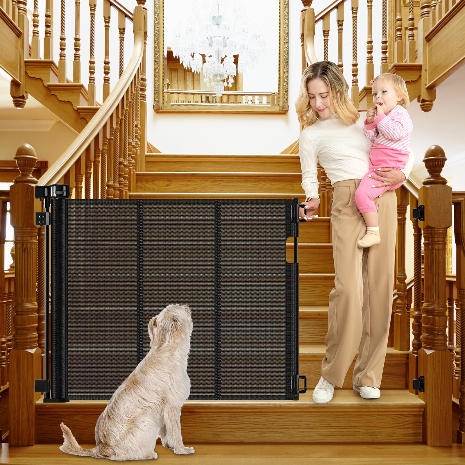 Reinforced Retractable Dog Gate for Stairs 55 Inch Adjustable Brackets and Detachable Latches Retractable Baby Gate Retractable 