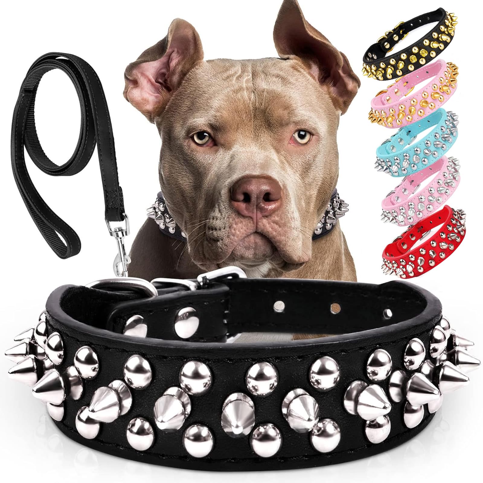 ???????????????? ?????????????? Spiked Studded Leather Dog Collar With Leash, Epesiri Rivet Pu Leather Dog Collars For Pit Bull,