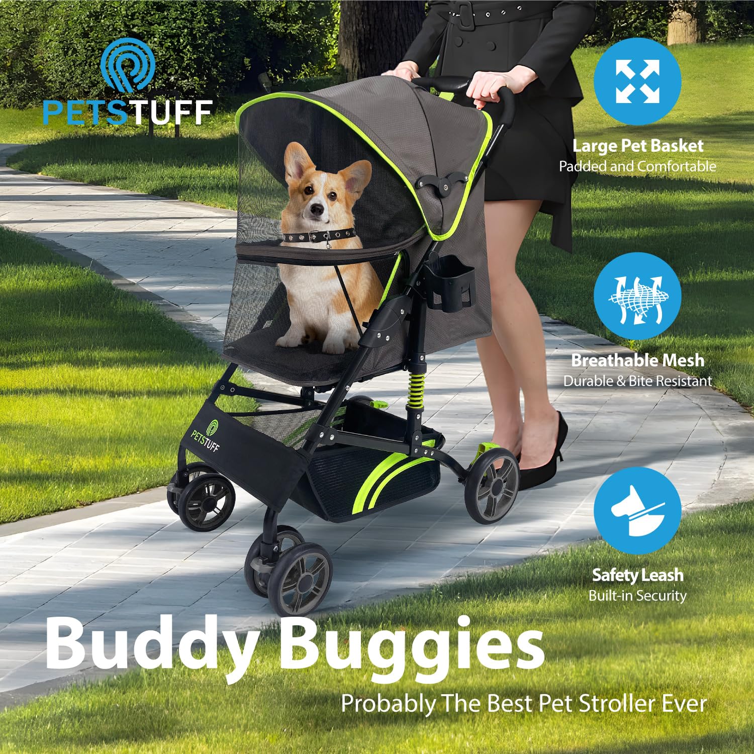 Pets Tuff 22    Buddy Buggies Foldable Pet Stroller - Shock Absorbing Frame With Storage - Machine Washable Fabric - Durable Mes