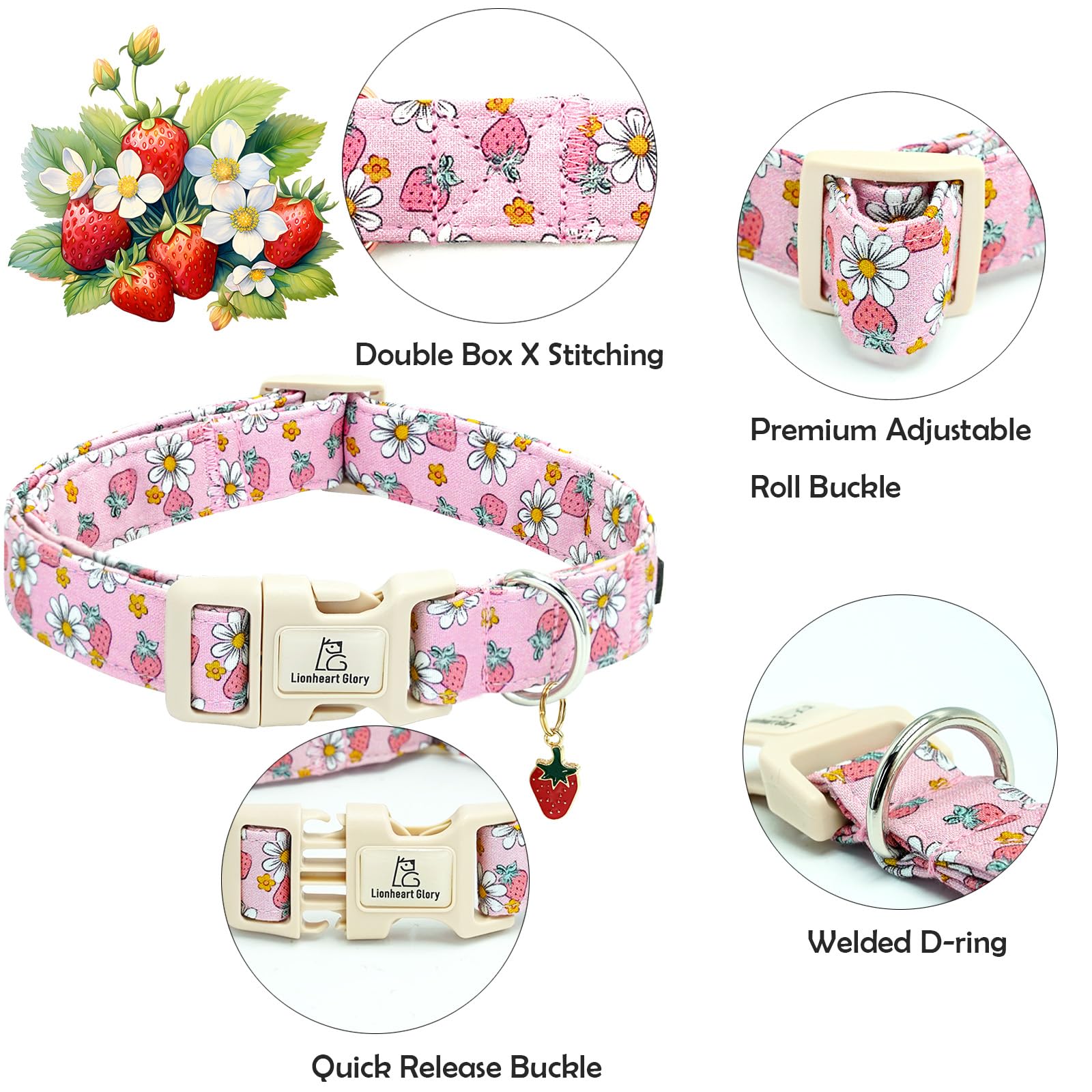 Lionheart Glory Dog Collar Strawberries Print Pink Dog Collars Girl Spring Summer Cute Collar Pet Gift Durable Adjustable Dog Co