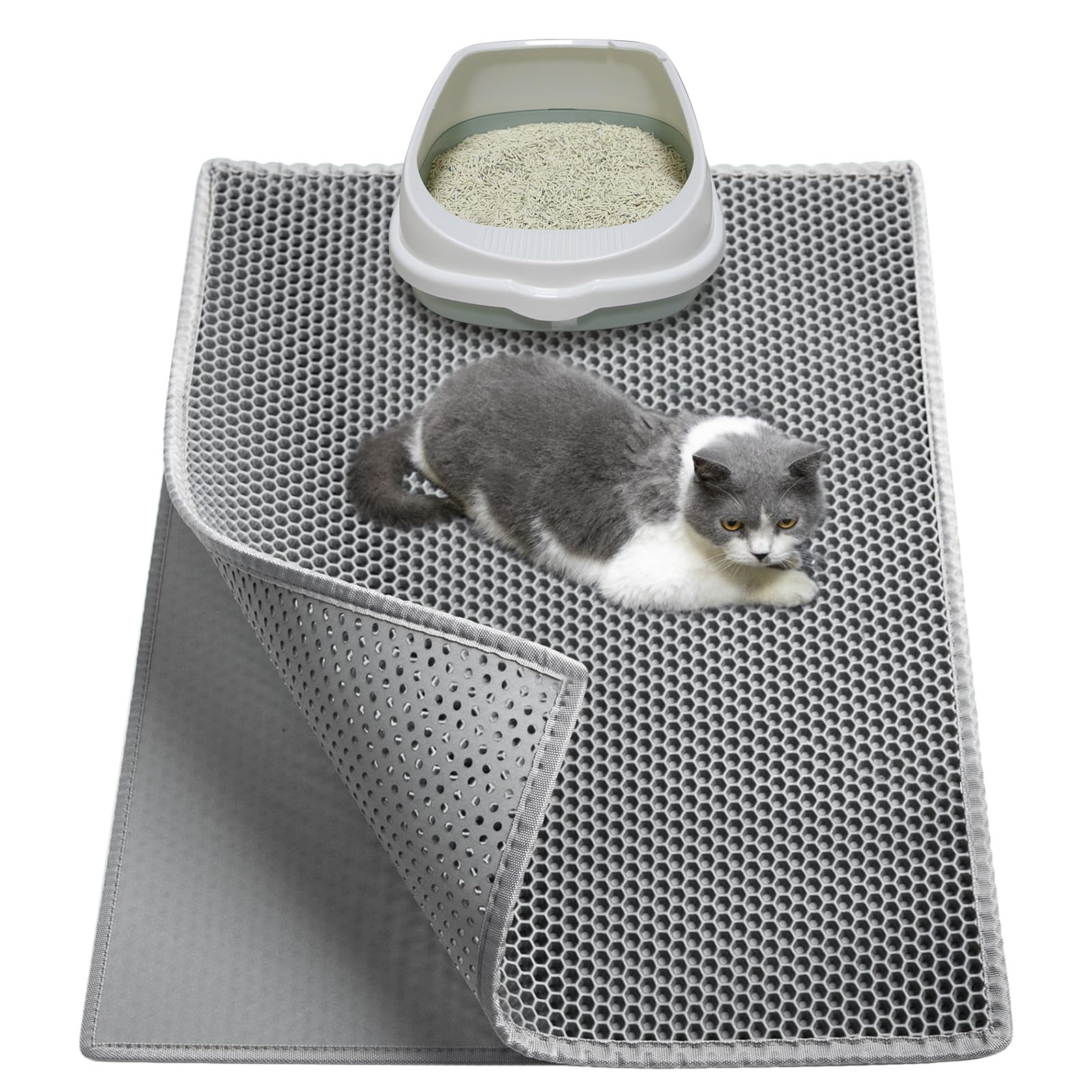 Garoopion Cat Litter Box Mat, Large 30' X 24' Eva Litter Trapping Mat, Double Layer Honeycomb Holes Scatter Control, Gray