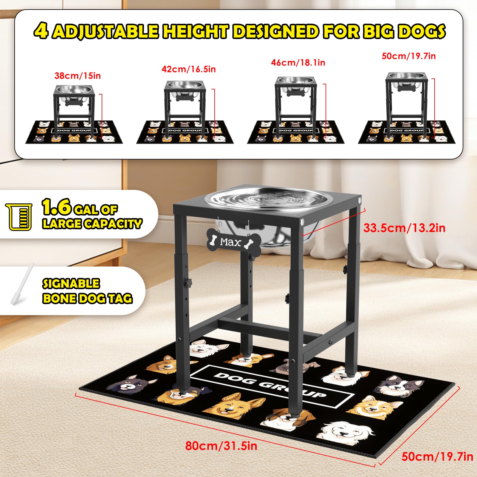 ADENGL 1.6 Gallon Elevated Dog Water Bowl for Large Dogs, 4-Height Adjustable (15-20) Raised Stainless Steel Bowl with Spill-P