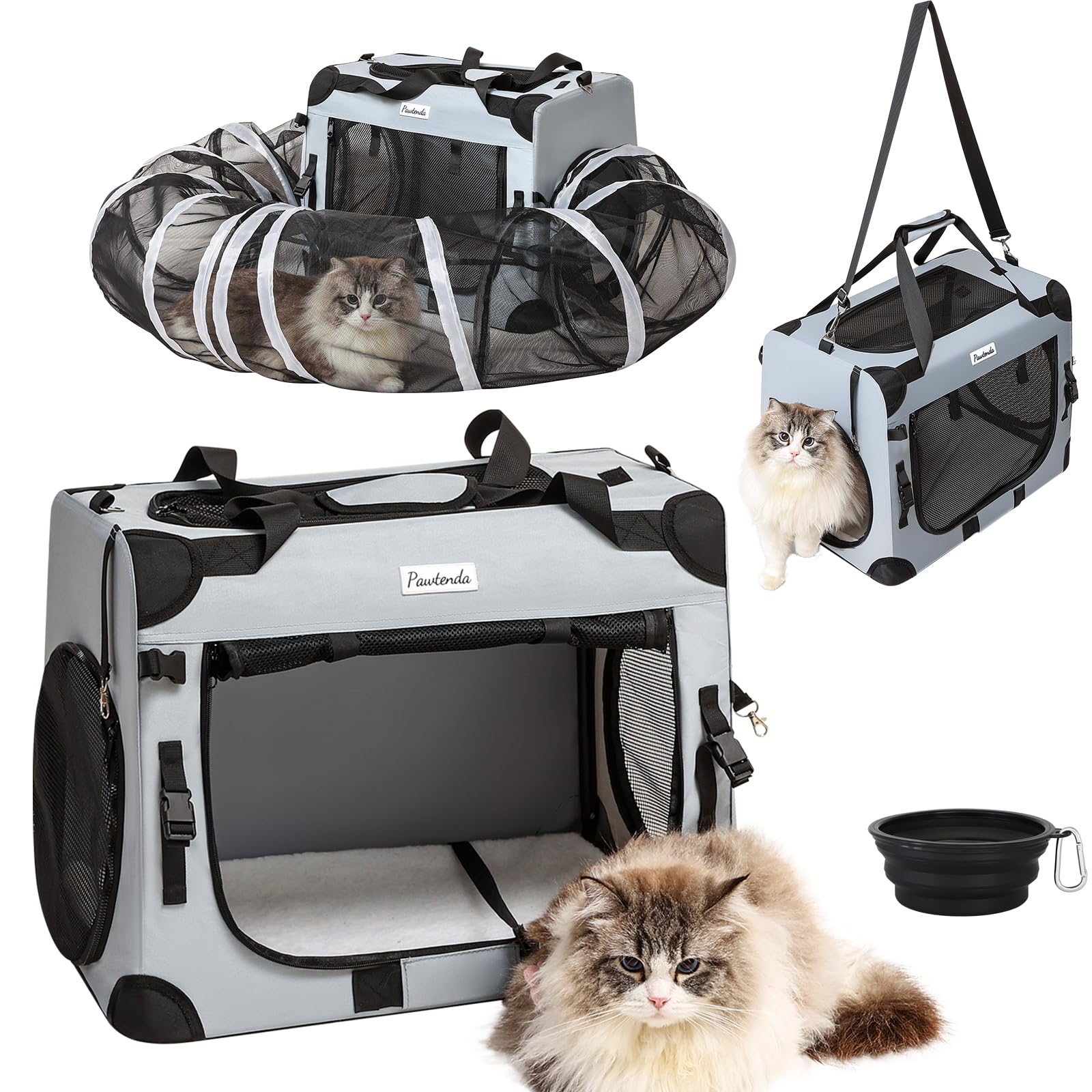 Pawtenda Large Cat Carrier for 2 Cats, 24x17x17 Collapsible Soft-Sided Travel Pet Carrier with Bowl/Mat/Blanket, Expandable Clos
