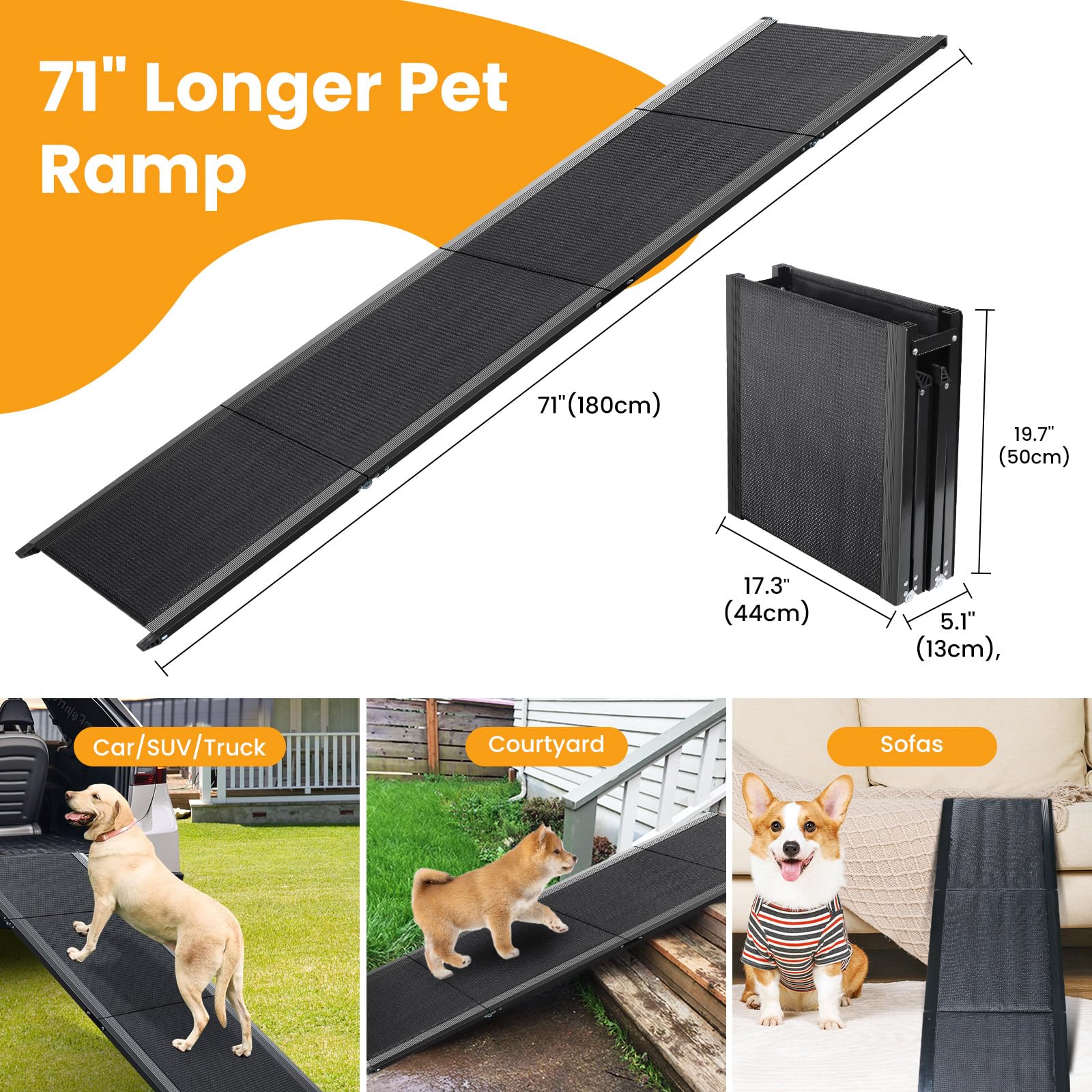 Dog Ramp for Car, 71 ' 'x 17 ' ' Pet Ramp for Large Dogs with Anti-Slip Surface, Extra Long Dog Ramps Up to 250LBS for Truck SUV
