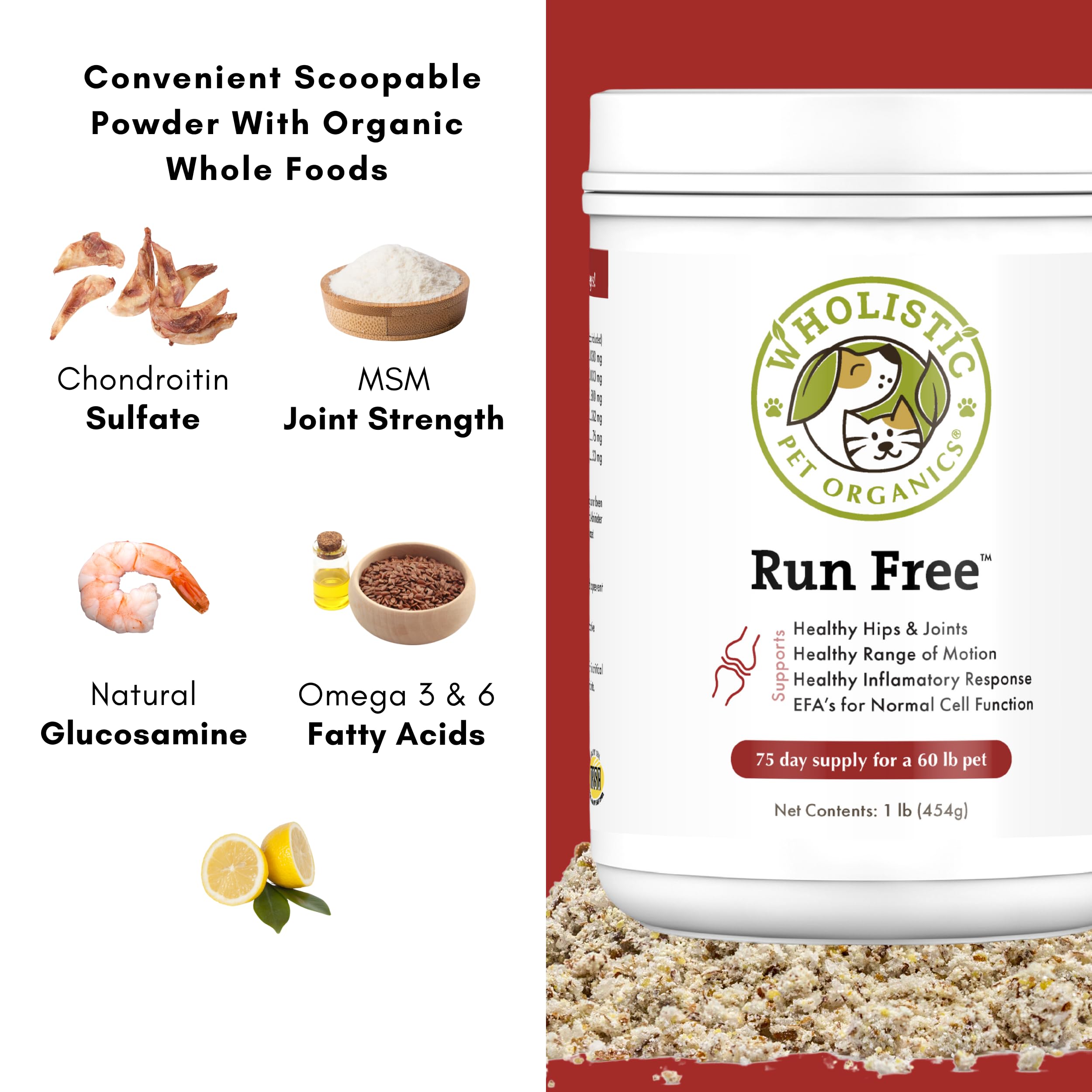 Wholistic Pet Organics Joint Supplement for Dogs - Glucosamine Chondroitin & MSM - 1 Lb - Run Free™ - Supports Mobility for All Breeds