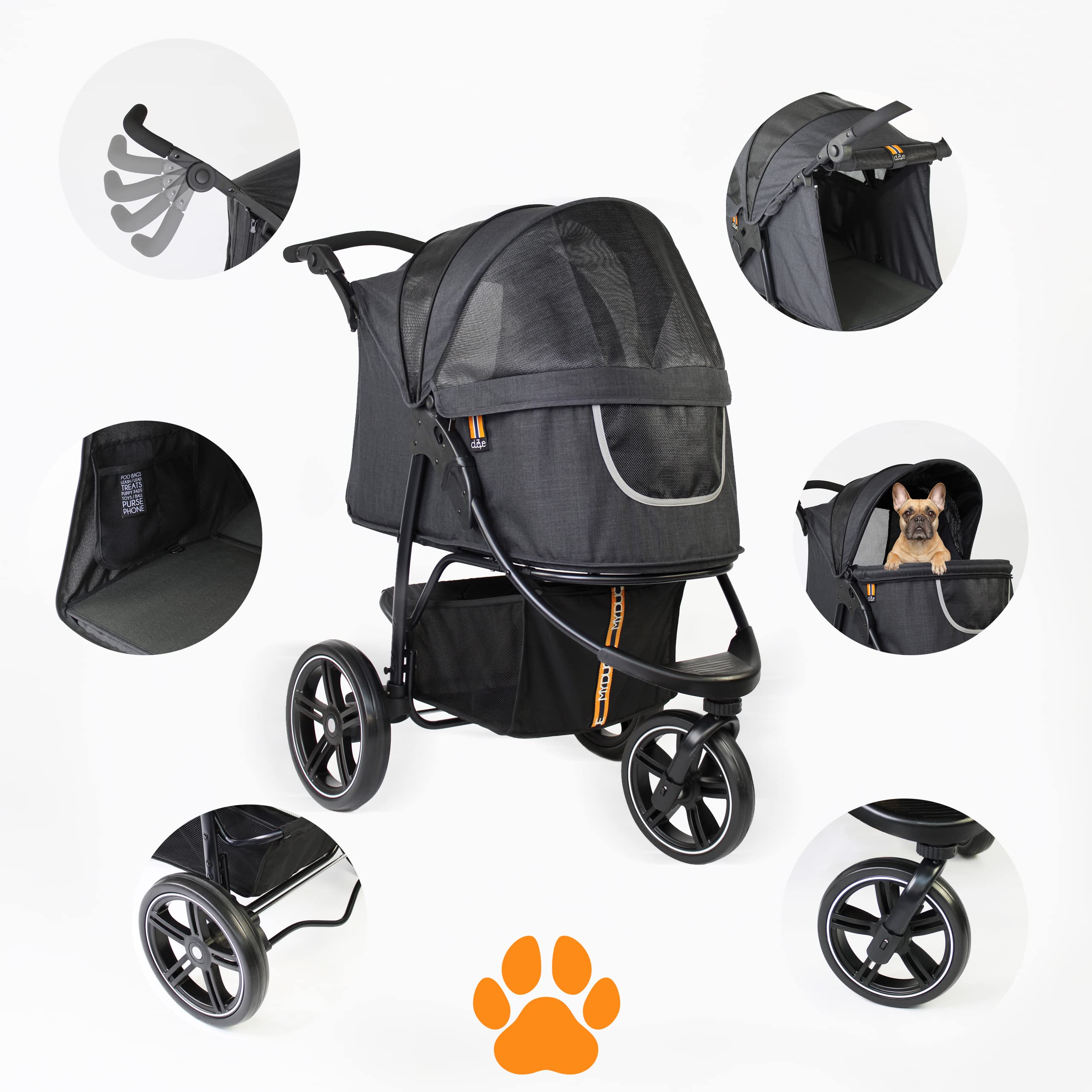 My Duque - Cooper Dog & Pet Robust Buggy, Jogger Holds Up To 32 Kg / 70Lbs, Easy Fold, Multi-Height Adjustable Soft Touch Handle, Reflective Accents, Mesh Inserts, Zippered Exits, Storage Basket Below