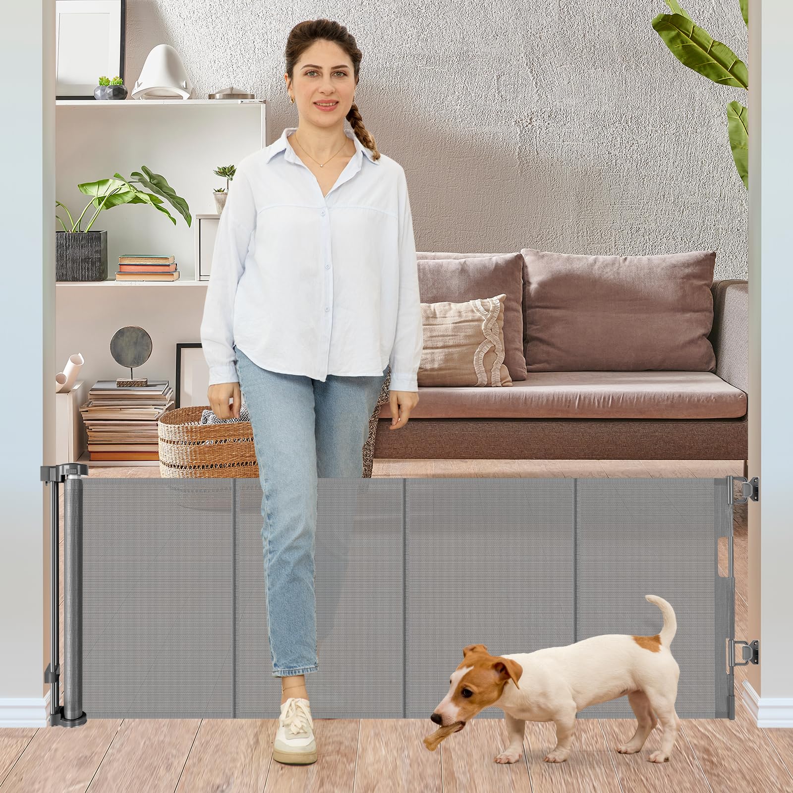 24 Inches Tall Retractable Baby gate for Dogs, Short Pet Gates to Step Over, Extends up to 55'' Wide, Reinforced Mesh Doggie Gat