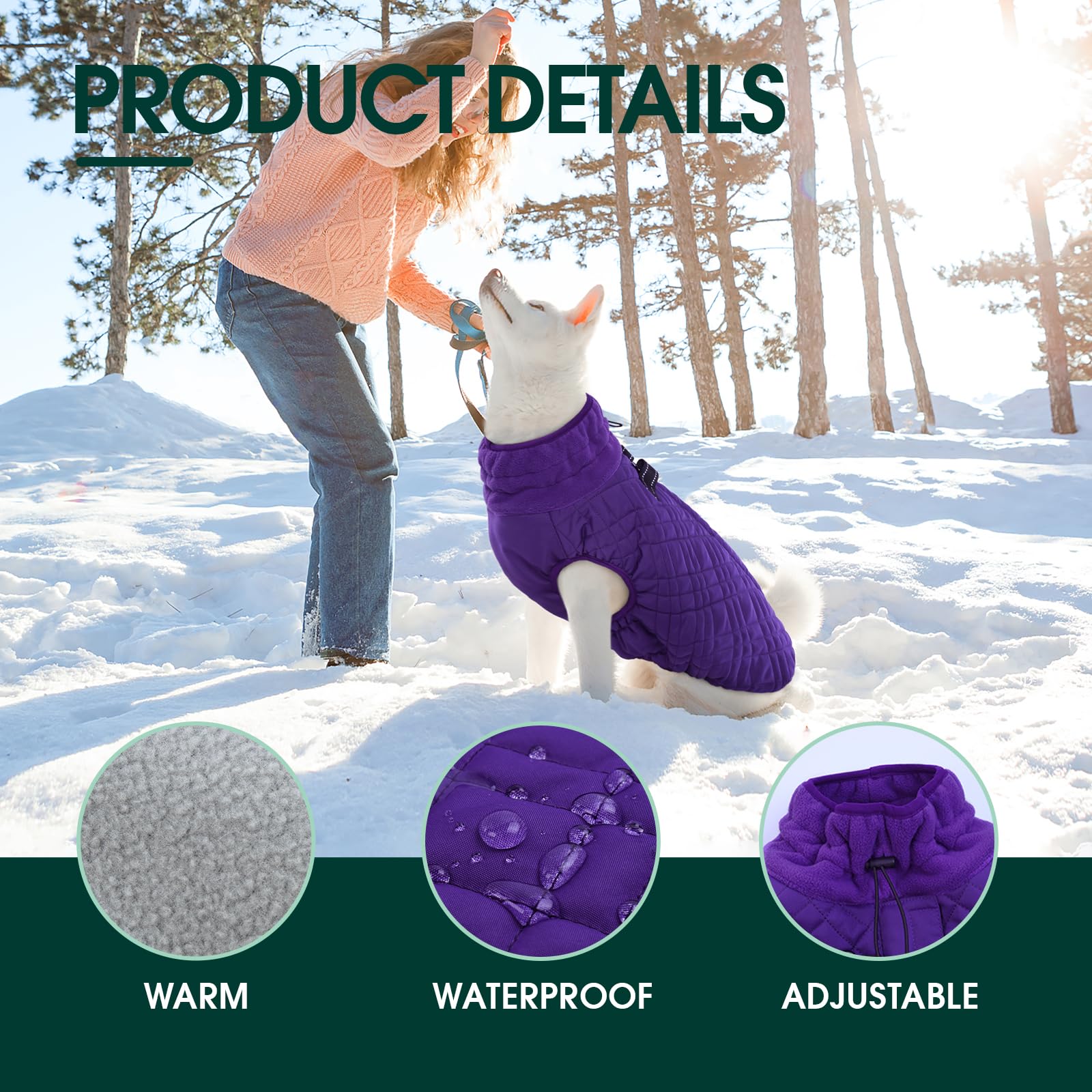 Kuoser Warm Dog Coat With Harness Built-In For Small Dogs, Windproof Winter Vest For Pug, Dachshund, Purple S