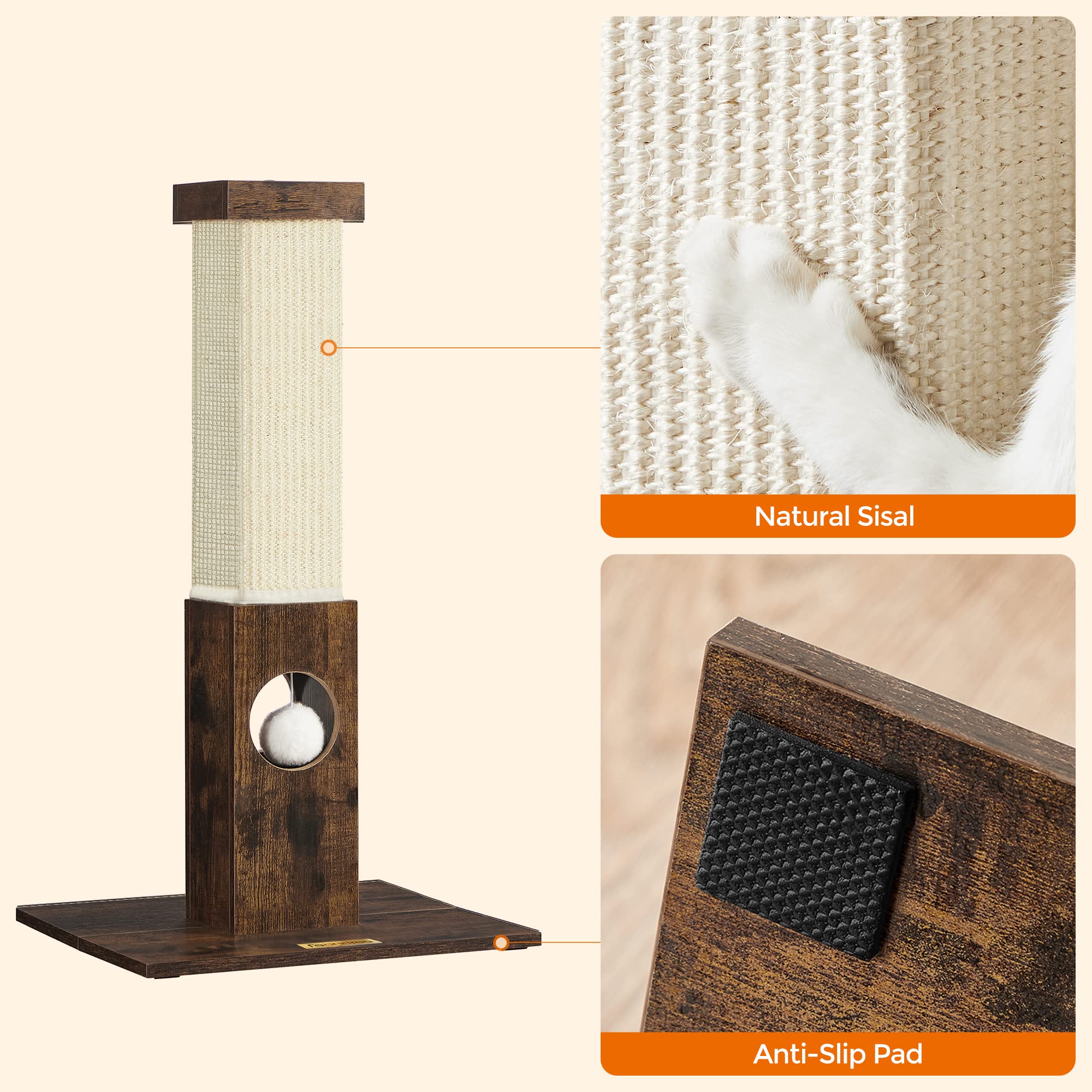 Feandrea Cat Scratching Post, Cat Scratcher For Indoor Cats, 28.7 Inches Tall, Furniture Scratching Deterrent Sisal Scratch Pole With Toy, Rustic Brown Upca021X01