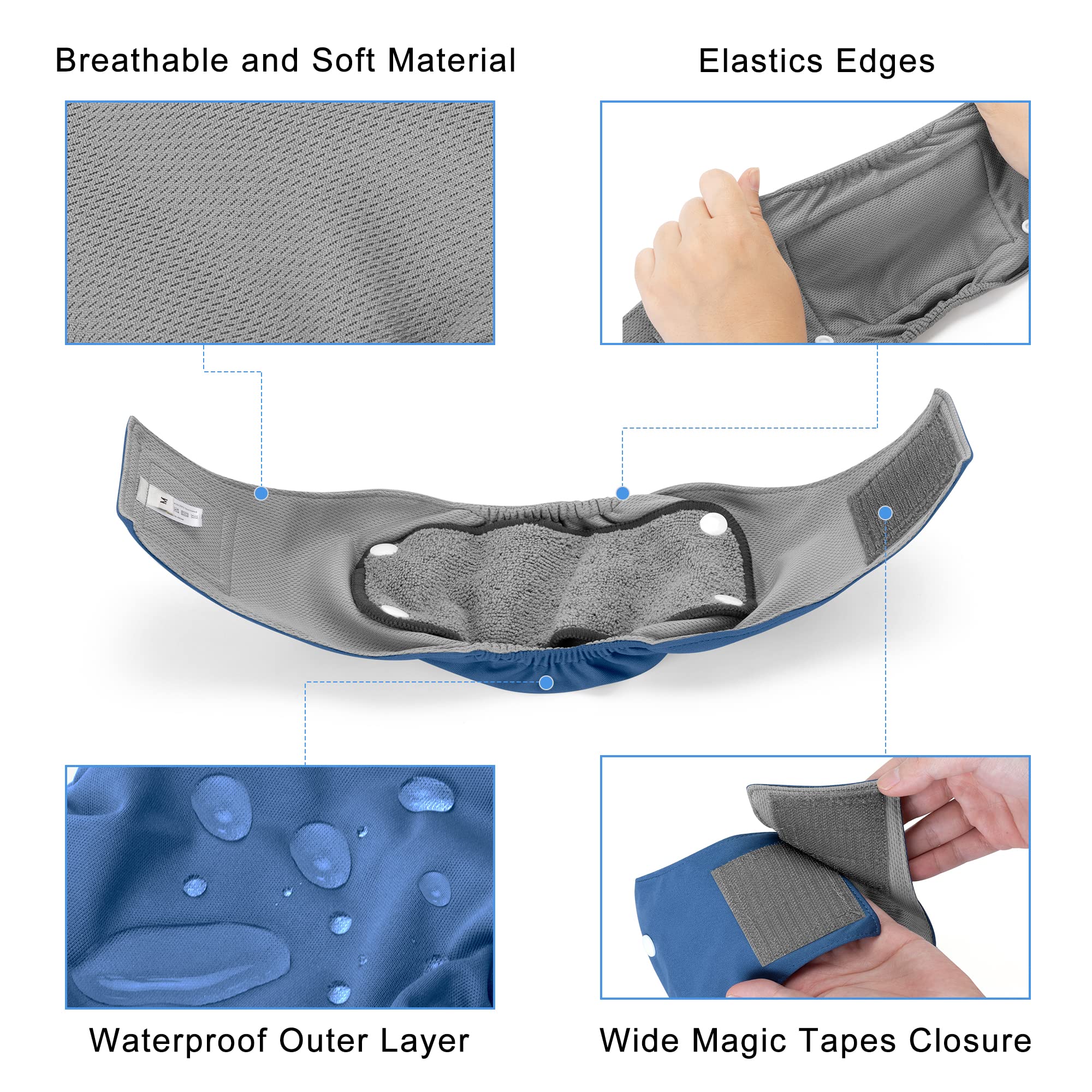 Teamoy Belly Bands For Male Dogs With Removable Pads, Reusable Washable Puppy Dog Diaper Wraps With Gray Lining(Pack Of 3),M