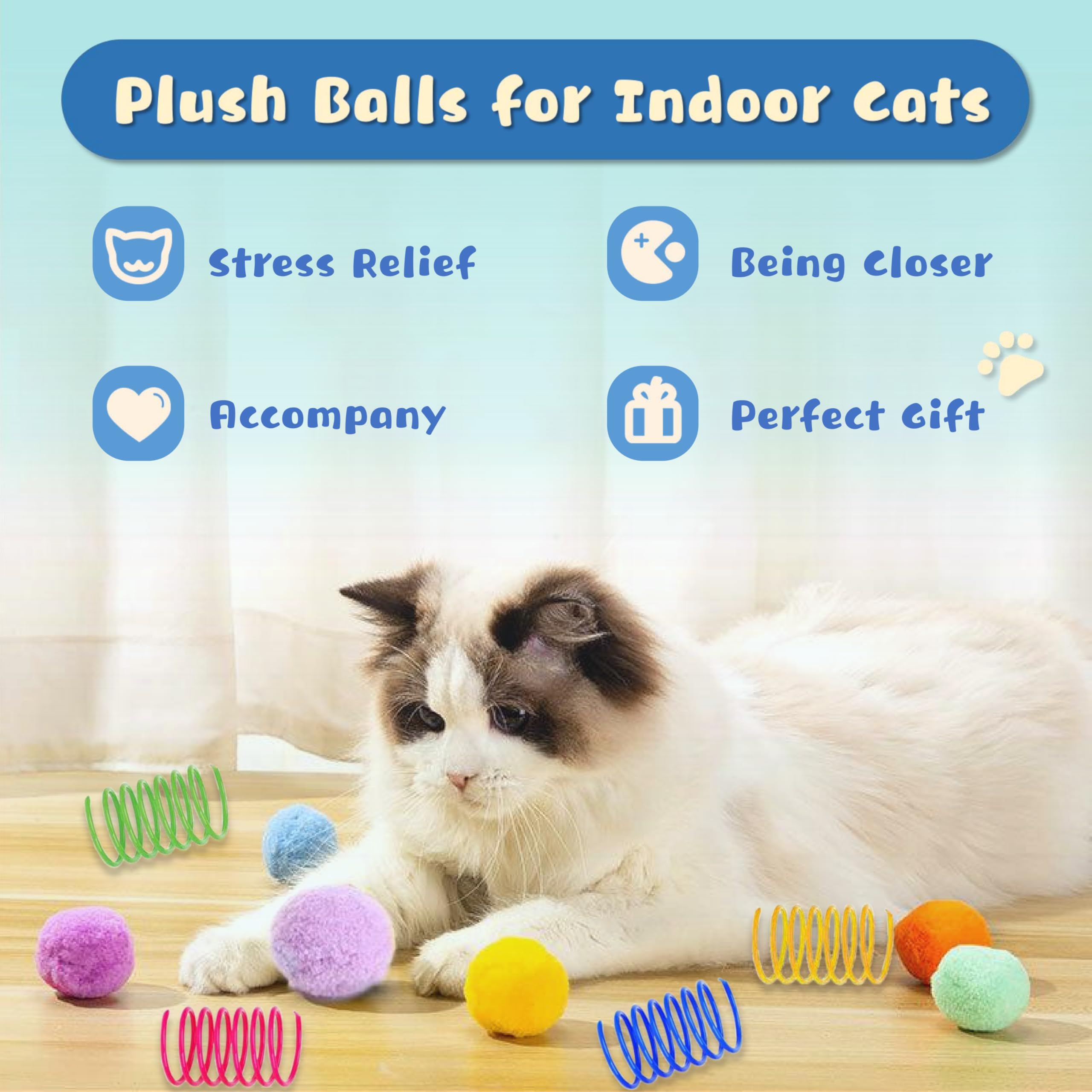 BaiKevin 30 Pcs Premium Silent Pom Pom Balls, Interactive Lightweight Pom Pom Balls, Assorted Colors Cat Balls (1.2 inches), wit