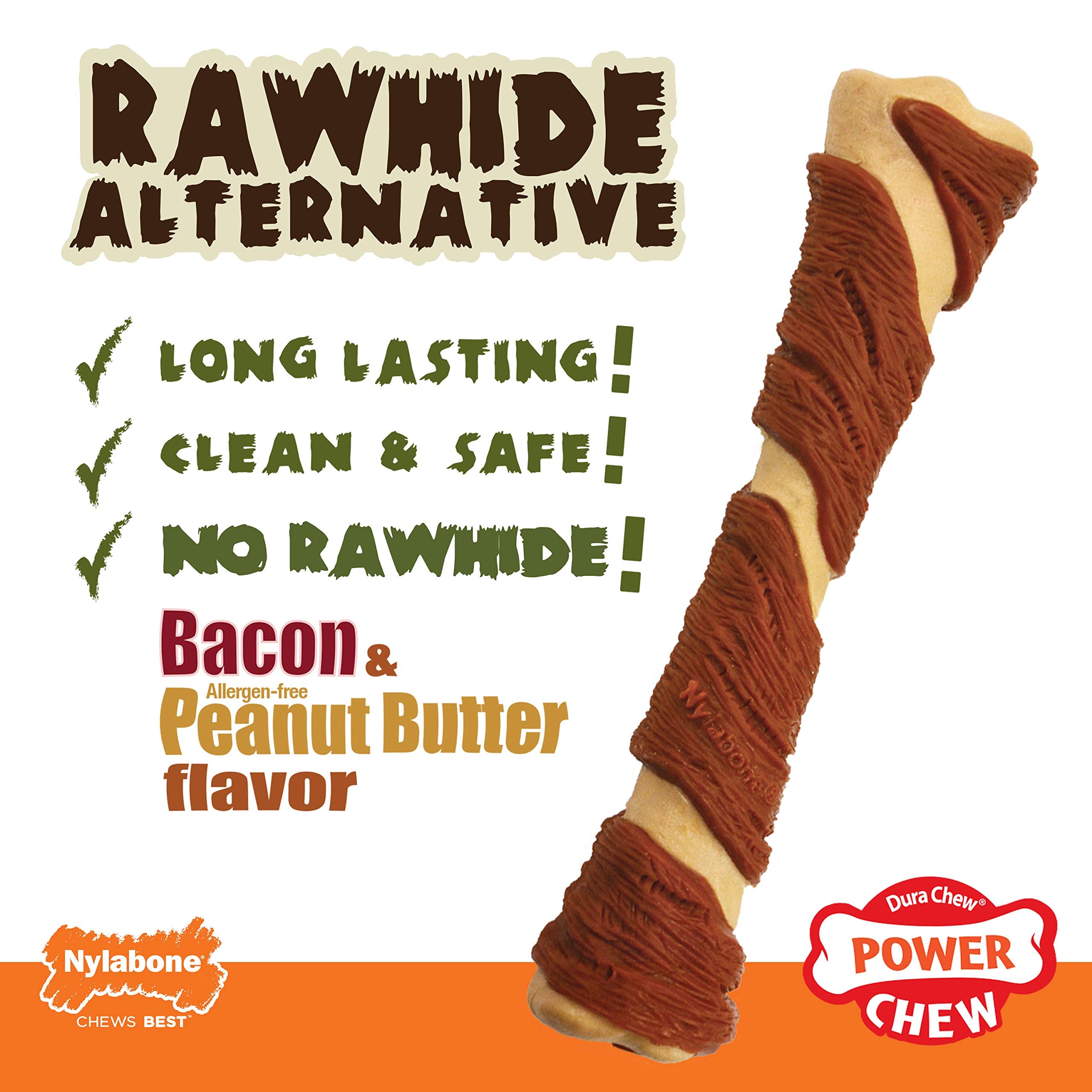 Nylabone Power Chew Pork Hide Bone Alternative Nylon Chew Toy For Dogs, Dog Toys For Aggressive Chewers, Bacon & Peanut Butter Flavor, Large/Giant (1 Count)