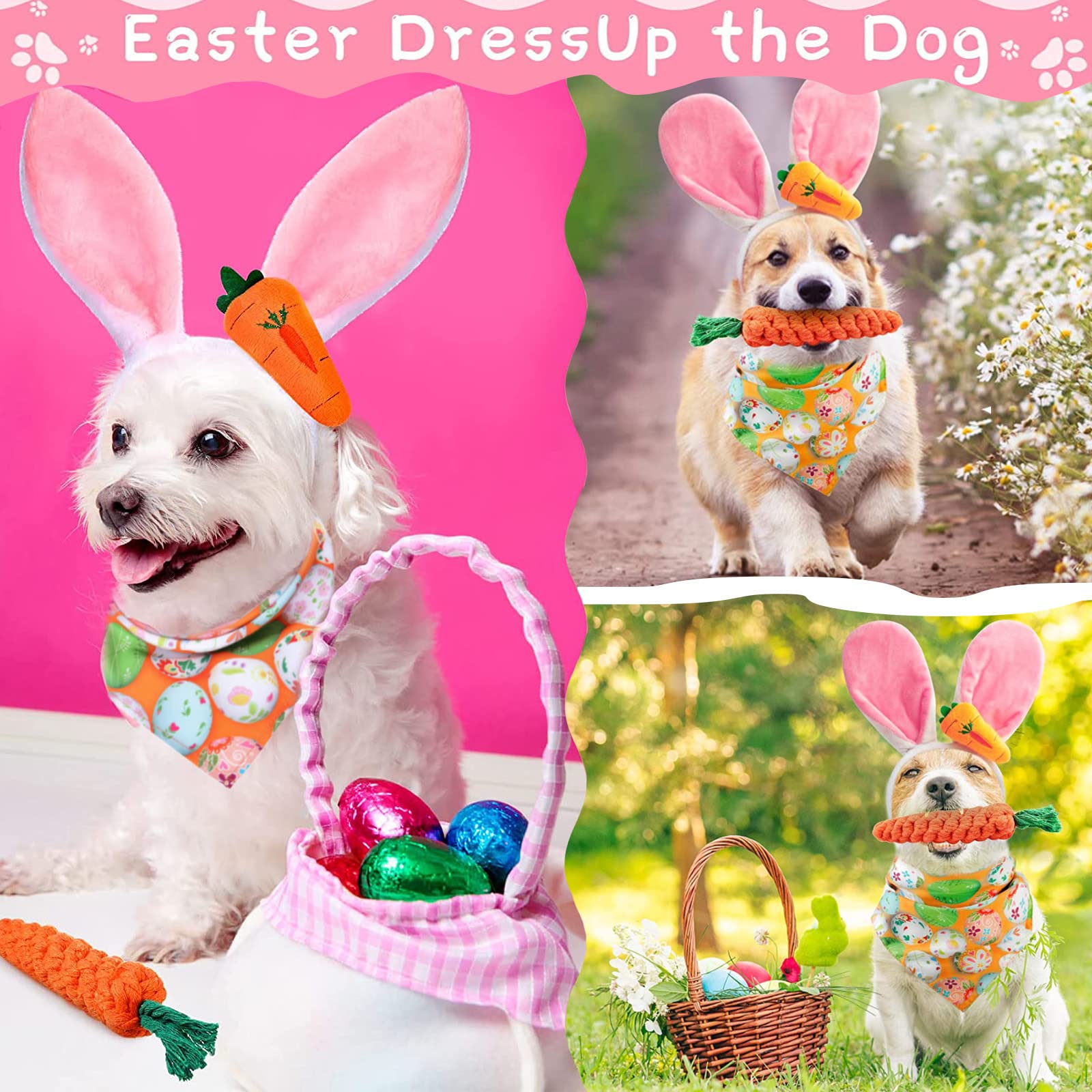 Dog Easter Costume Cute Bunny Ears Headband Easter Eggs Bandana Puppy Funny Rabbit Carrot Chew Toys 3Pcs Easter Party Gifts Medi