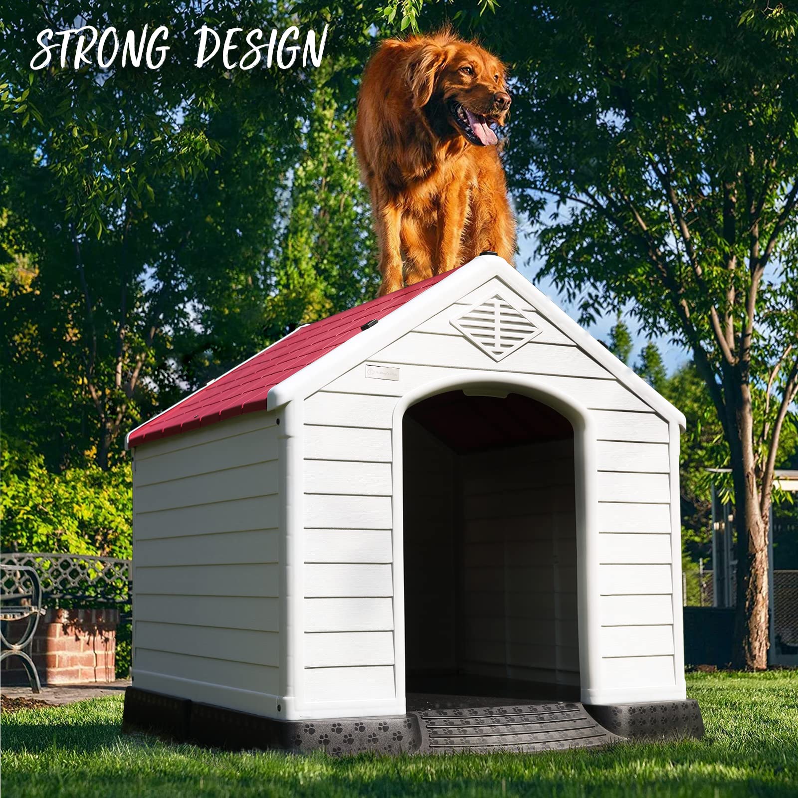 Pukami Plastic Dog House Outdoor Indoor,Durable Dog House For Small Medium Large Dogs,Waterproof Dog Houses With Elevated Floor And Air Vents,Ventilate & Easy Clean And Assemble(Red, 42Inch)