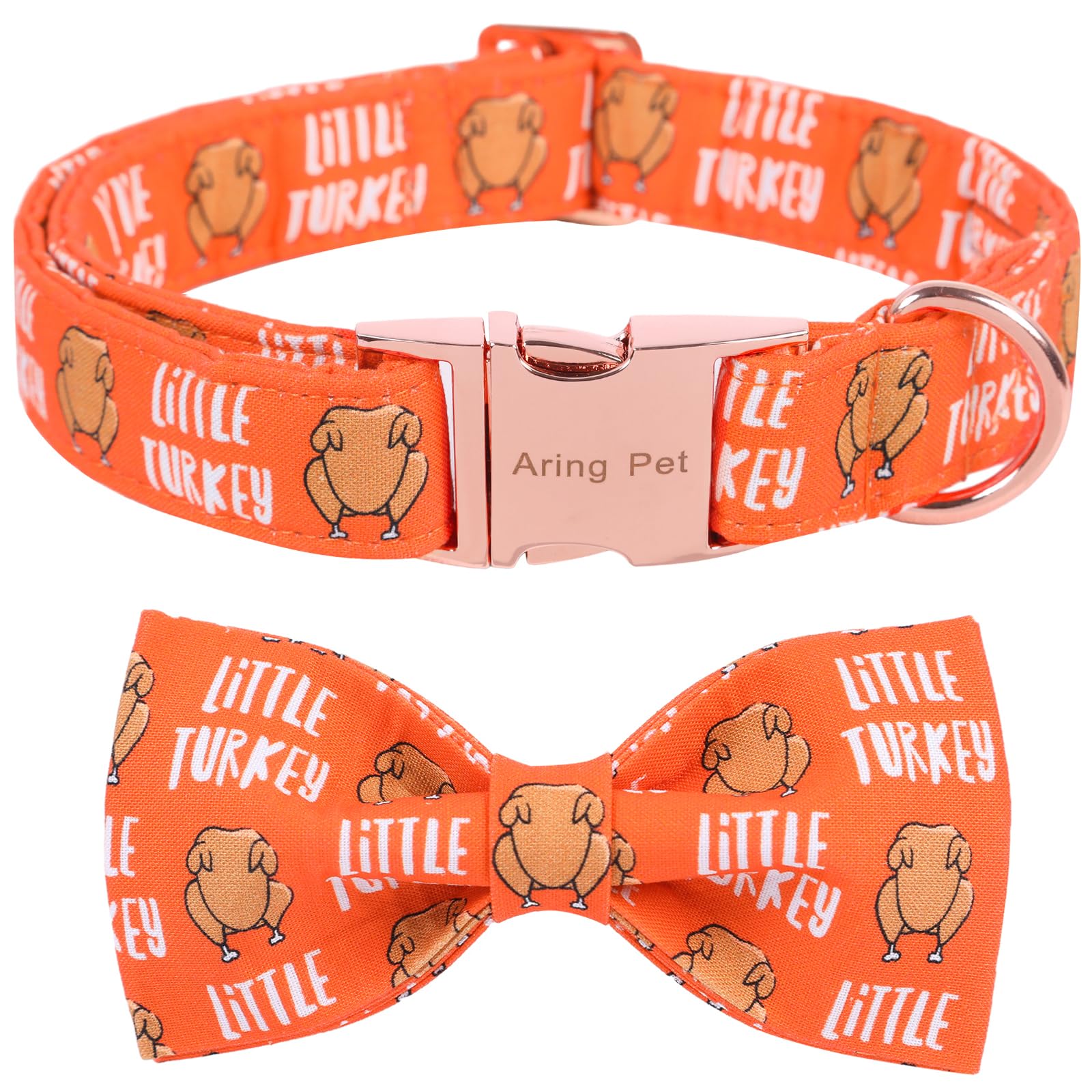 Aring Pet Thanksgiving Dog Collar - Cotton Turkey Dog Collar With Bow, Adjustable Fall Orange Turkey Puppy Collars With Metal Bu