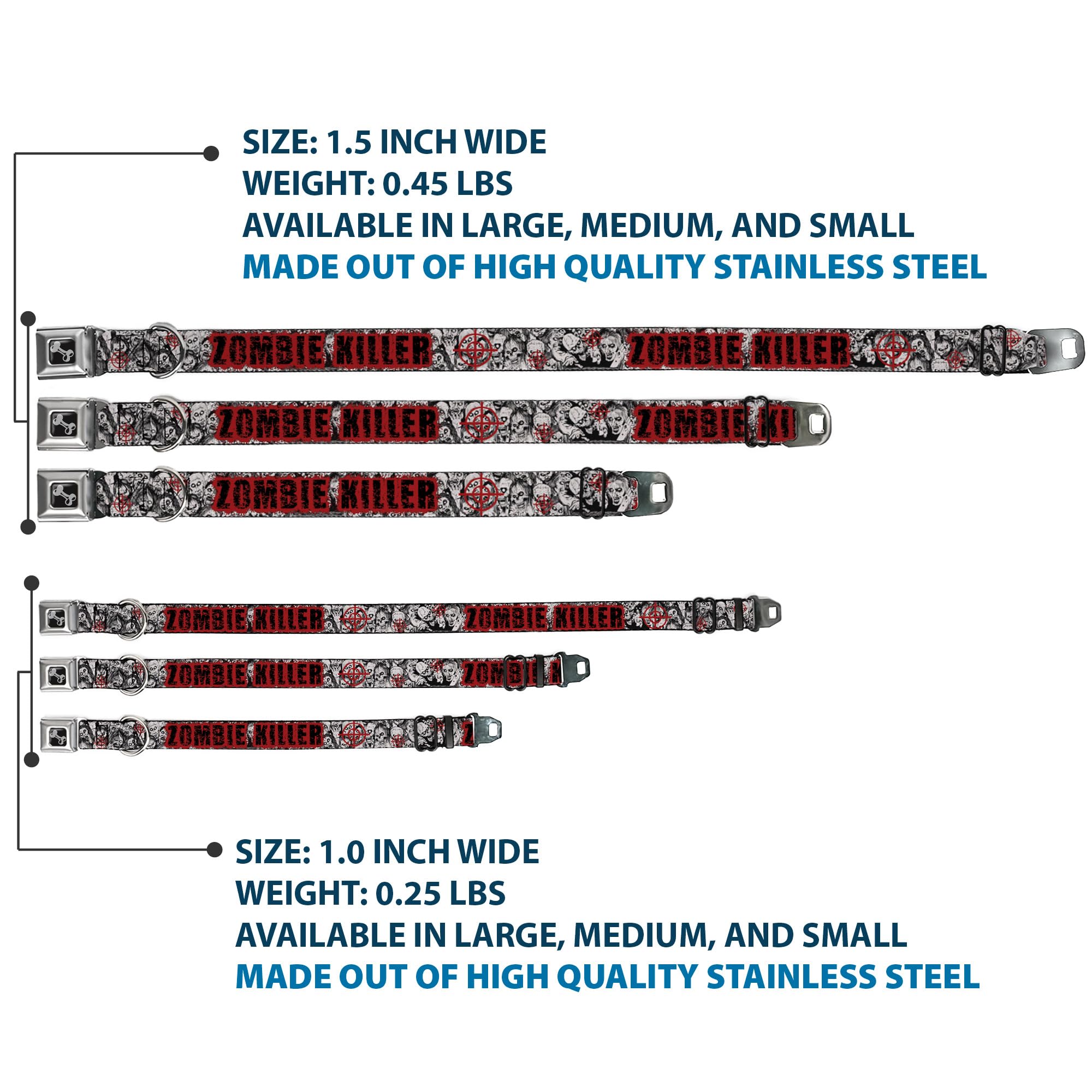 Buckle-Down Seatbelt Buckle Dog Collar - Zombie Killer W/Stacked Zombies Sketch - 1.5' Wide - Fits 16-23' Neck - Medium